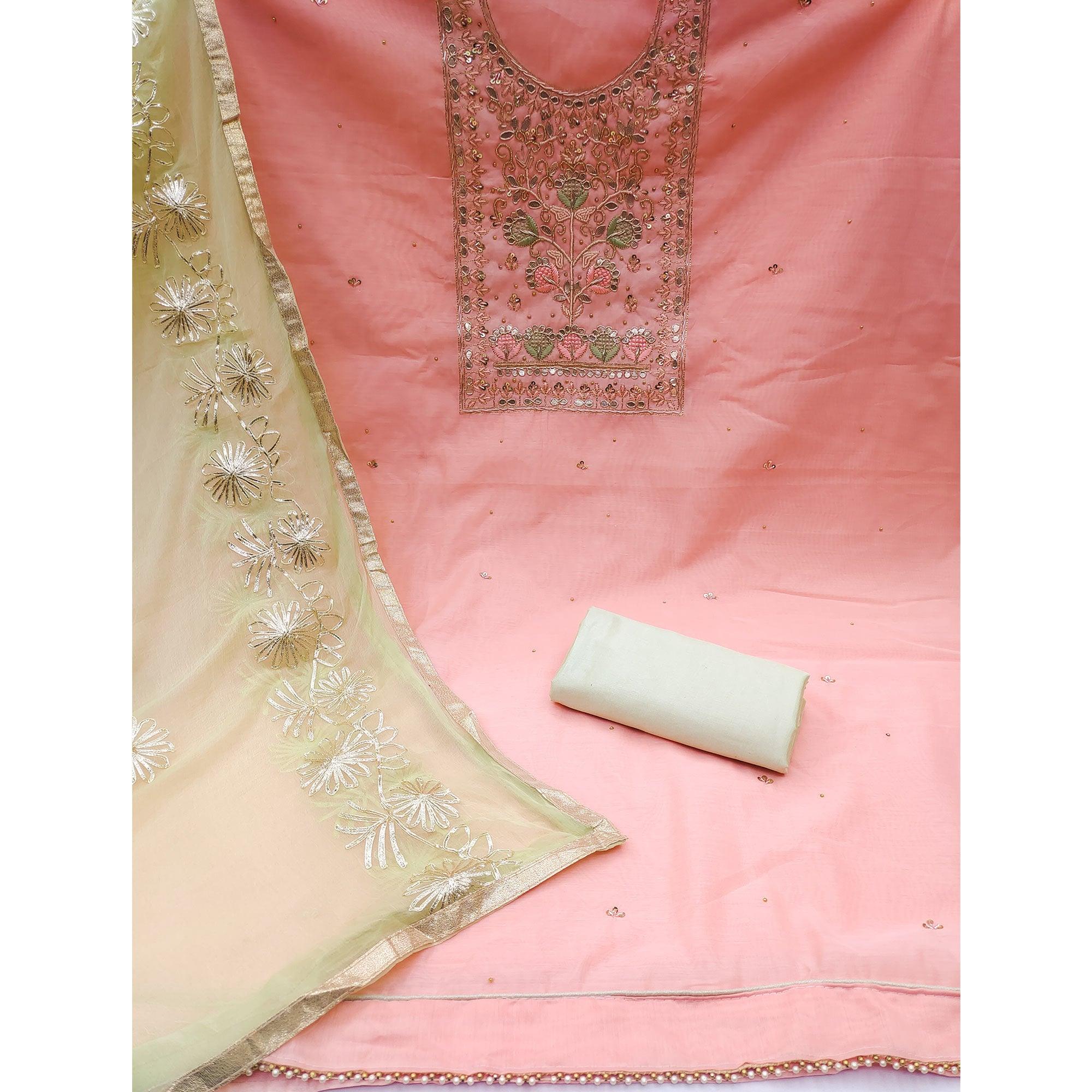 Light Pink Embellished Chanderi Dress Material - Peachmode