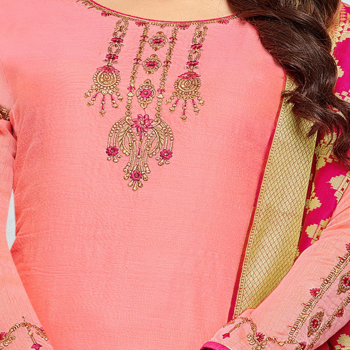 Light Pink Embellished With Embroidered Chanderi Dress Material - Peachmode