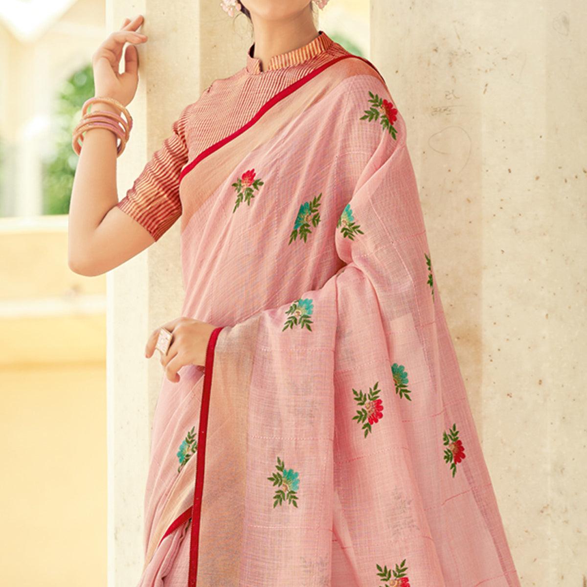 Light Pink Embroidered Linen Saree With Tassels - Peachmode