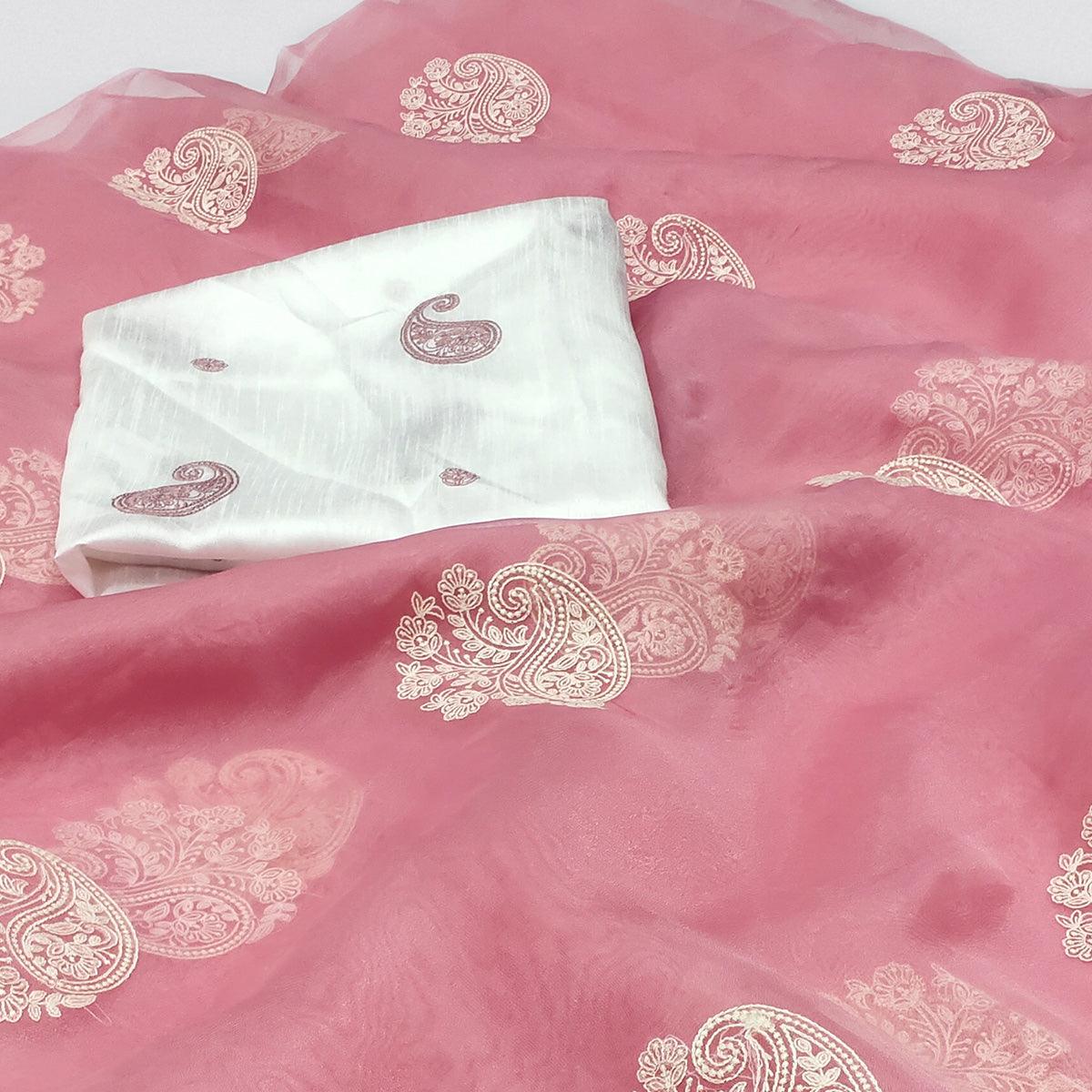 Light Pink Embroidered Organza Saree - Peachmode