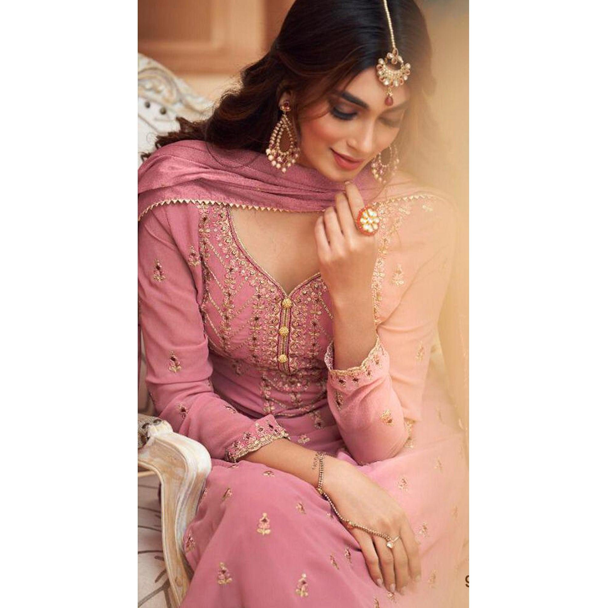 Light Pink Embroidery Georgette Salwar suit - Peachmode