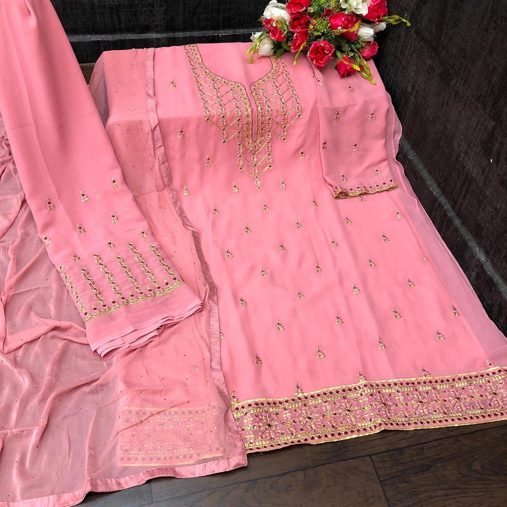 Light Pink Embroidery Georgette Salwar suit - Peachmode
