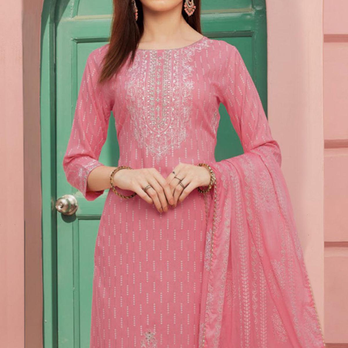 Light Pink Embroidery With Printed Pure Cotton Kurti Pant Set With Dupatta - Peachmode