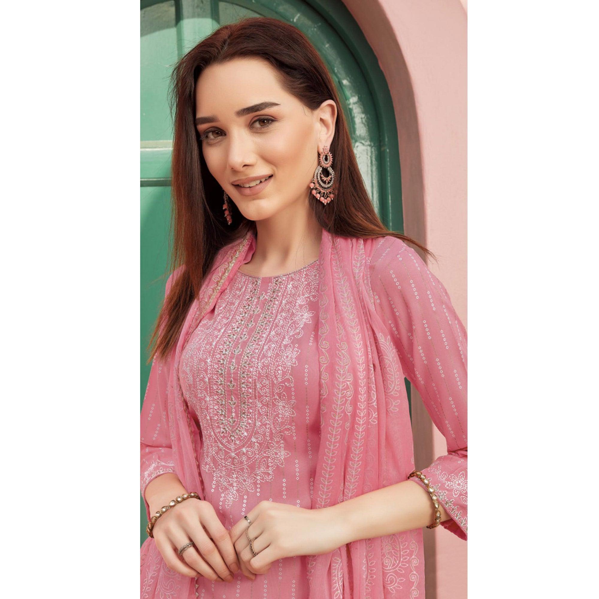Light Pink Embroidery With Printed Pure Cotton Kurti Pant Set With Dupatta - Peachmode