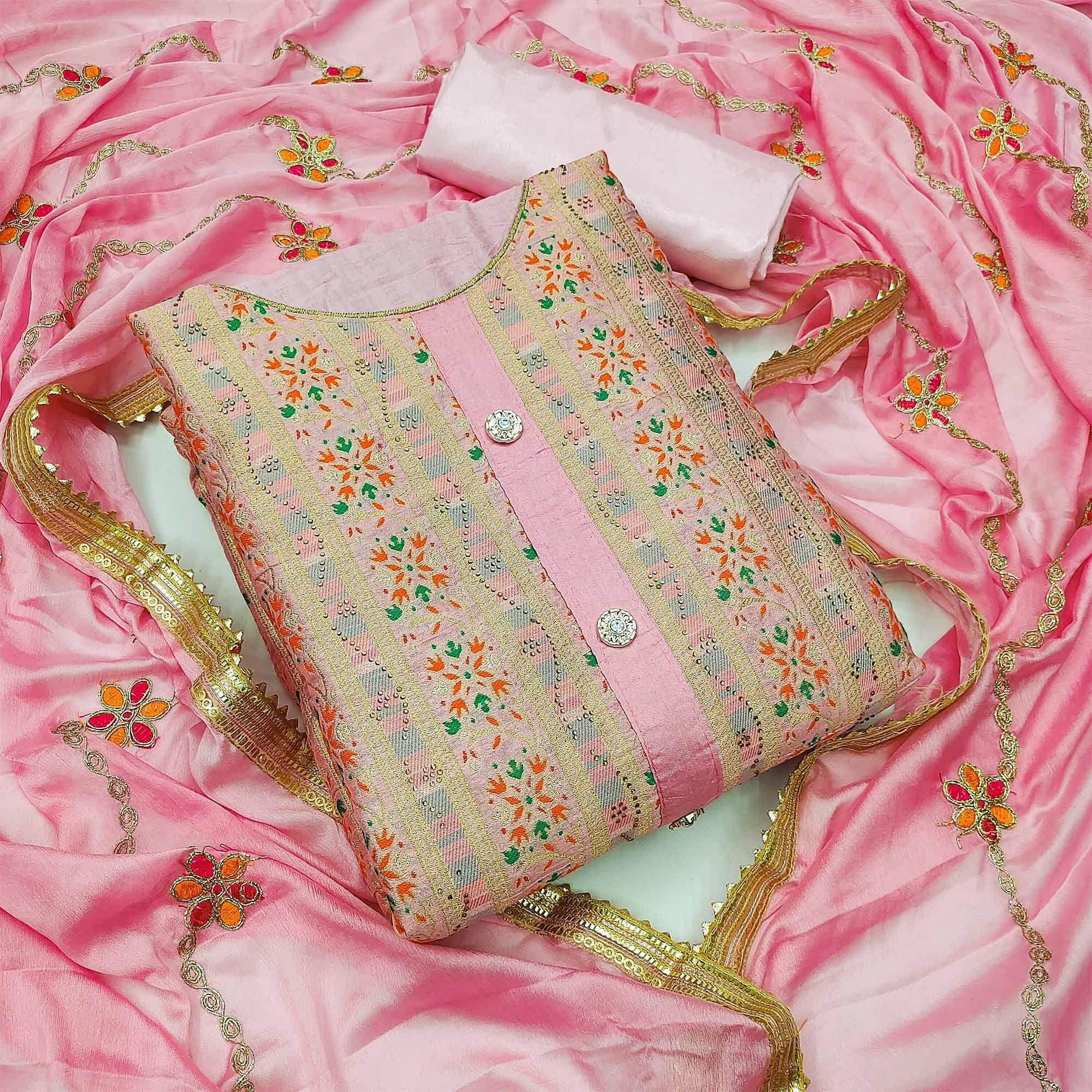 Light Pink Festive Wear Embroidered Banarasi Silk Jacquard Dress Material - Peachmode