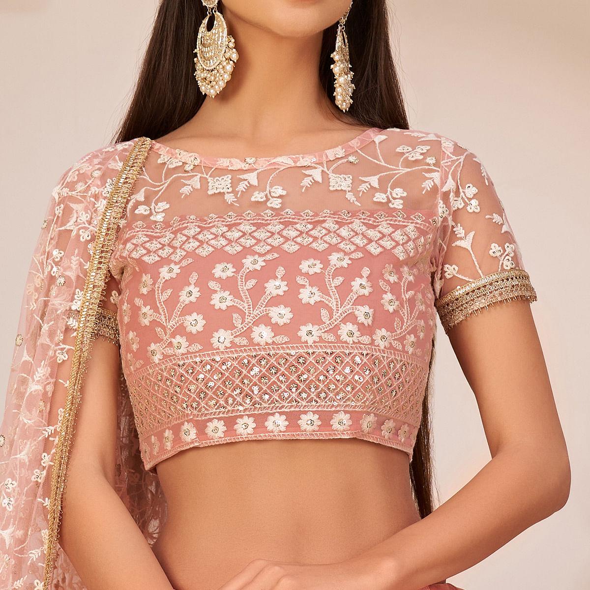 Light Pink Festive Wear Embroidered Mono Net Lehenga Choli - Peachmode
