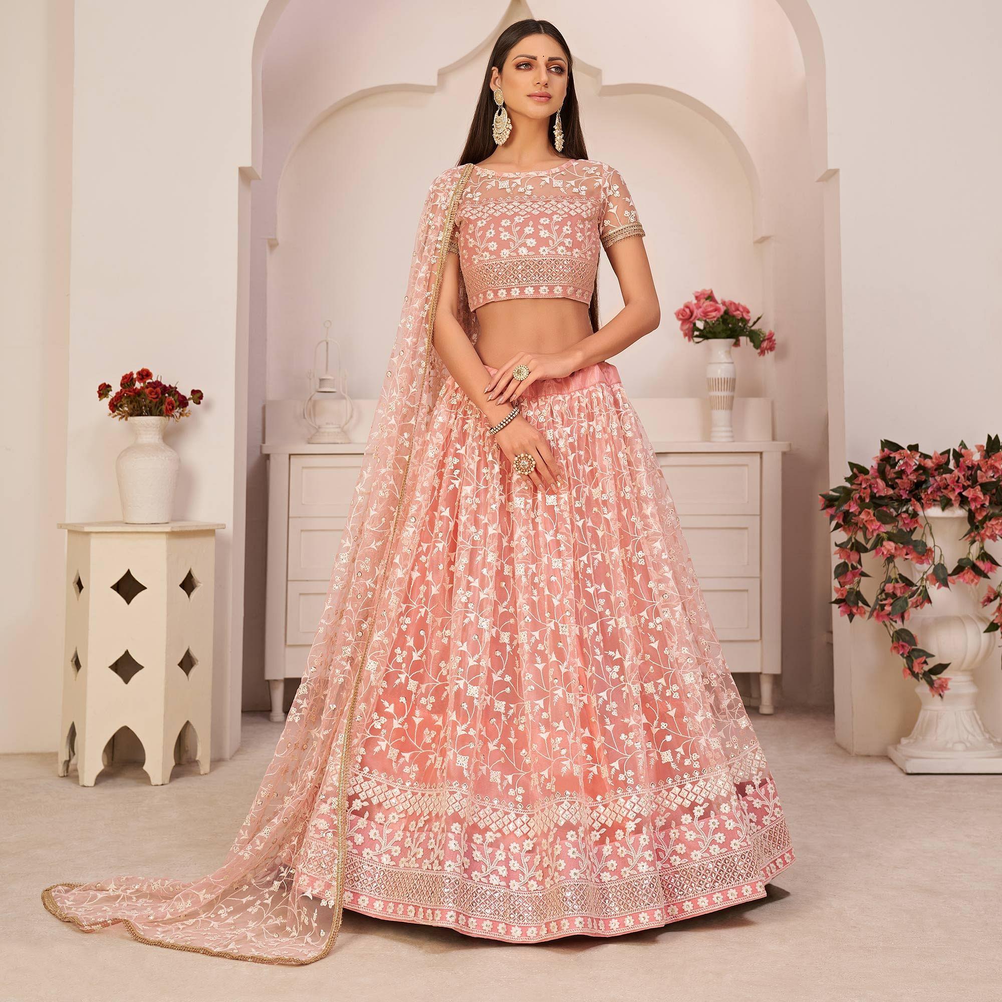Light Pink Festive Wear Embroidered Mono Net Lehenga Choli - Peachmode