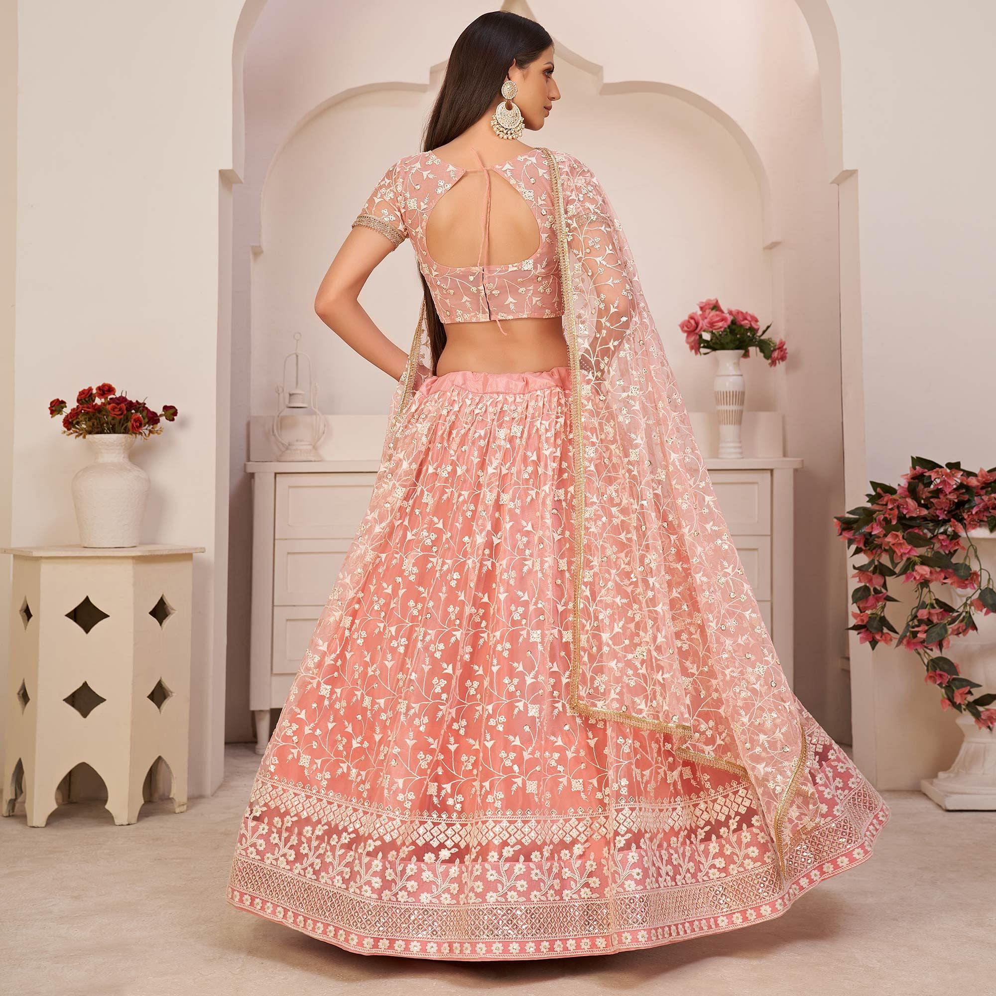 Light Pink Festive Wear Embroidered Mono Net Lehenga Choli - Peachmode