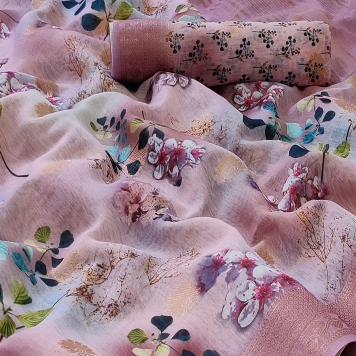 Light Pink Festive Wear Floral Digital Print With Woven Border Handloom Banarasi Silk Saree - Peachmode