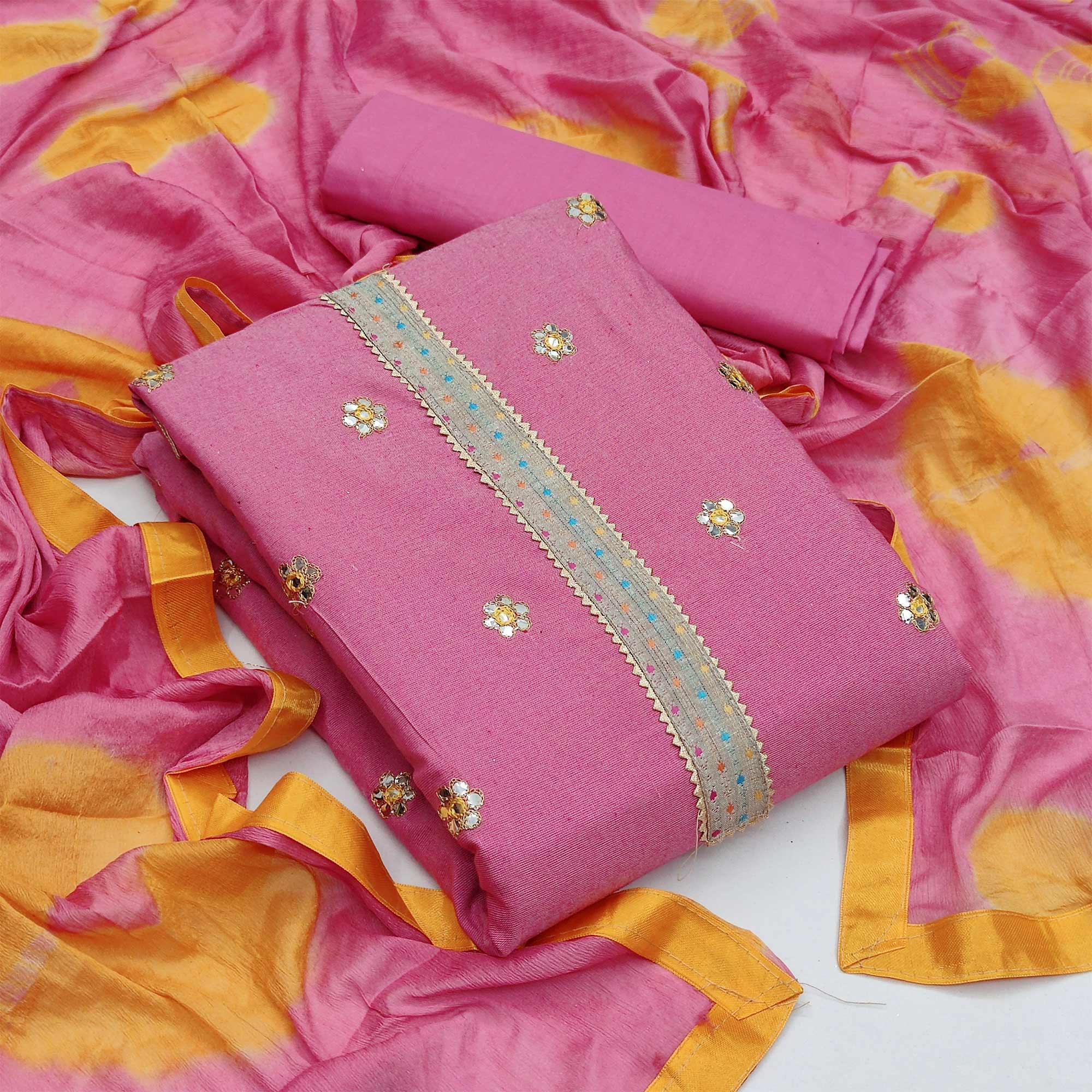 Light Pink Festive Wear Gotta Plus Handwork Cotton Dress Material - Peachmode