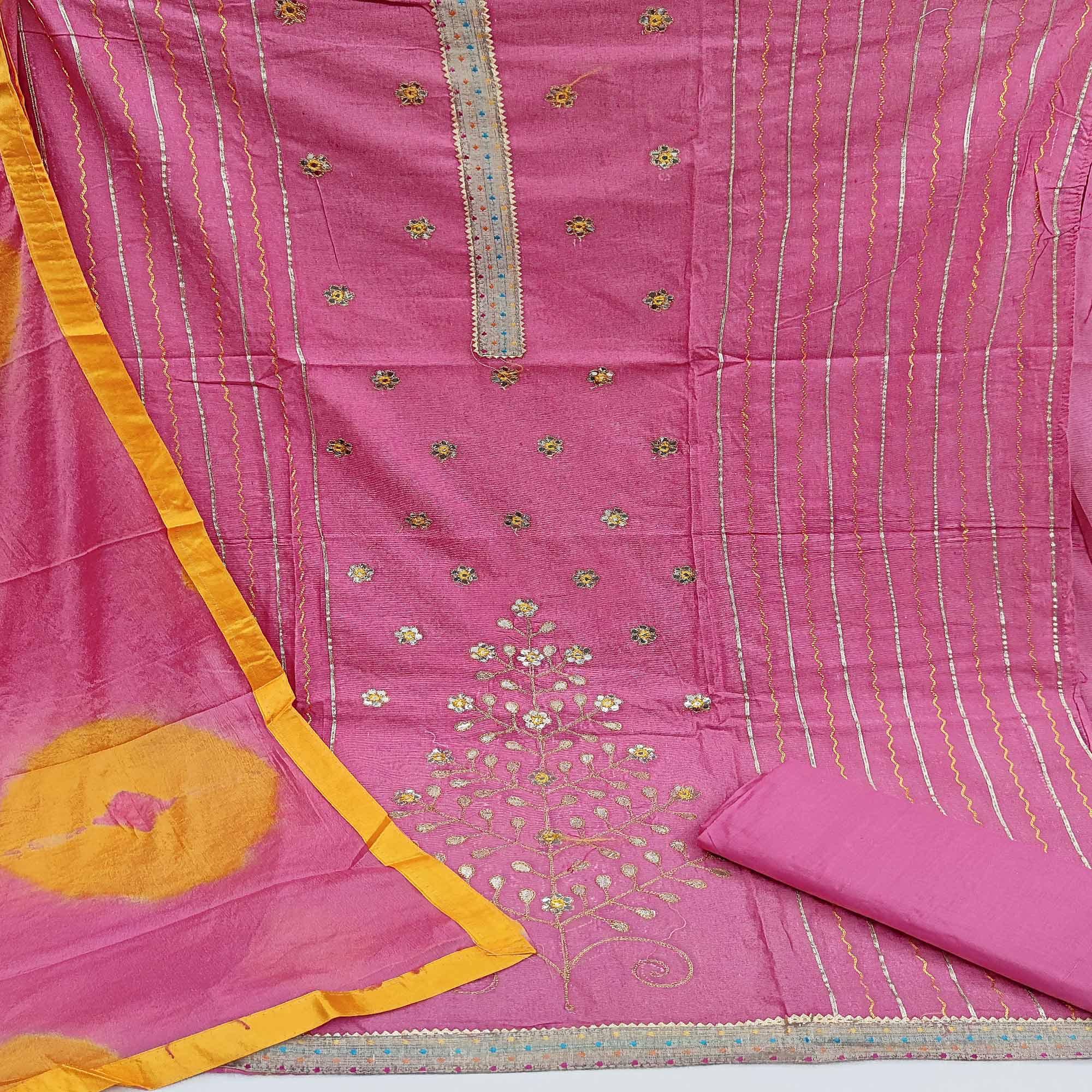 Light Pink Festive Wear Gotta Plus Handwork Cotton Dress Material - Peachmode