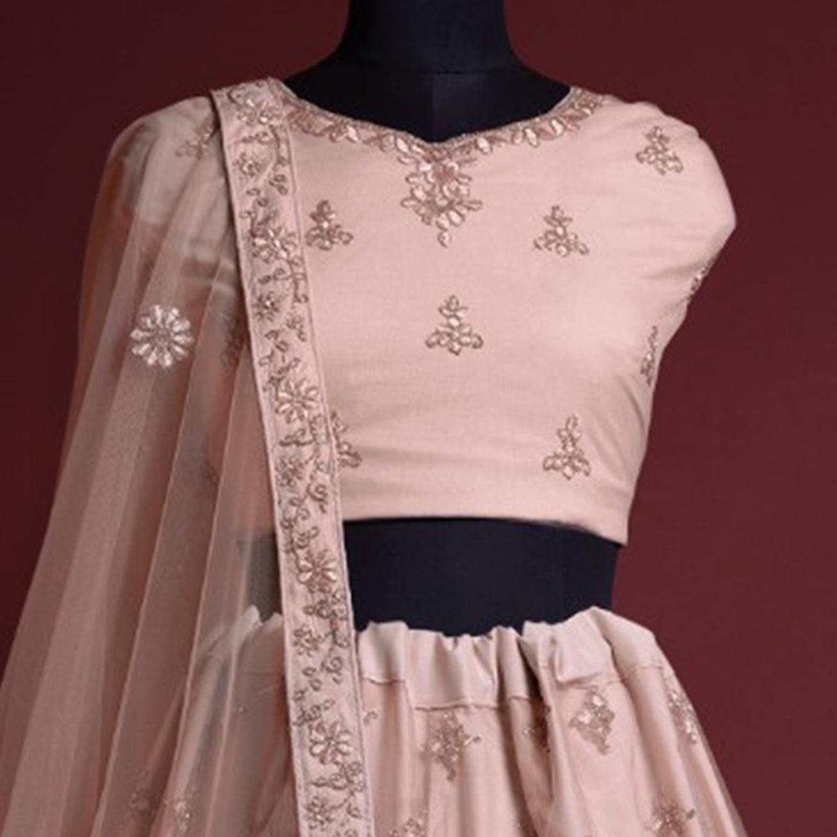 Light Pink Floral Embroidered Net Lehenga Choli - Peachmode