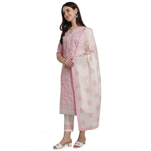 Light Pink Floral Embroidered Poly Cotton Kurti Pant Set - Peachmode