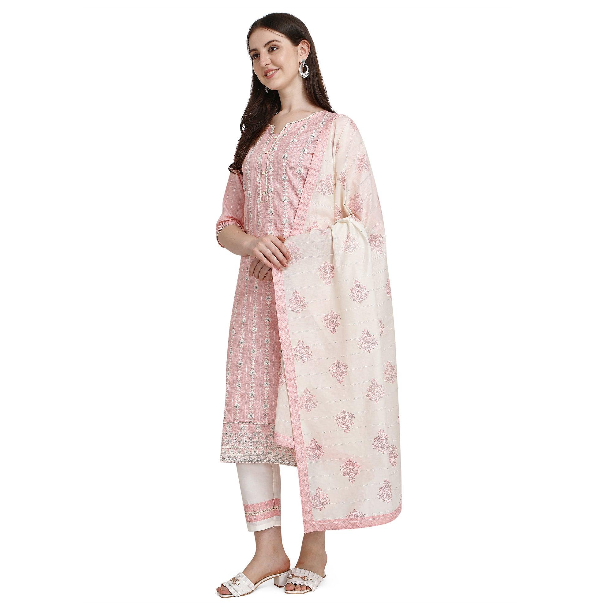 Light Pink Floral Embroidered Poly Cotton Kurti Pant Set - Peachmode