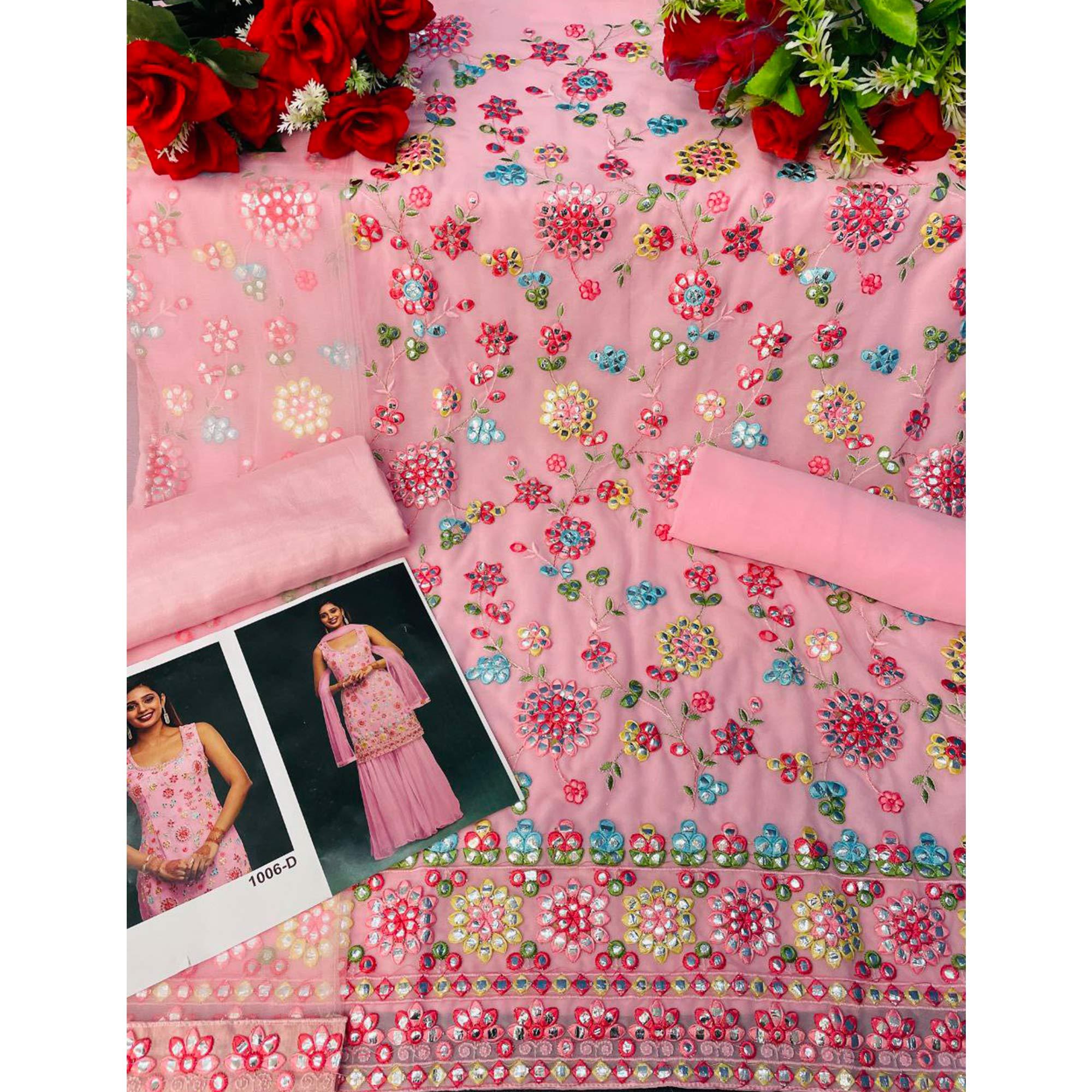 Light Pink Floral Embroidered With Mirror Work Georgette Sharara Suit - Peachmode