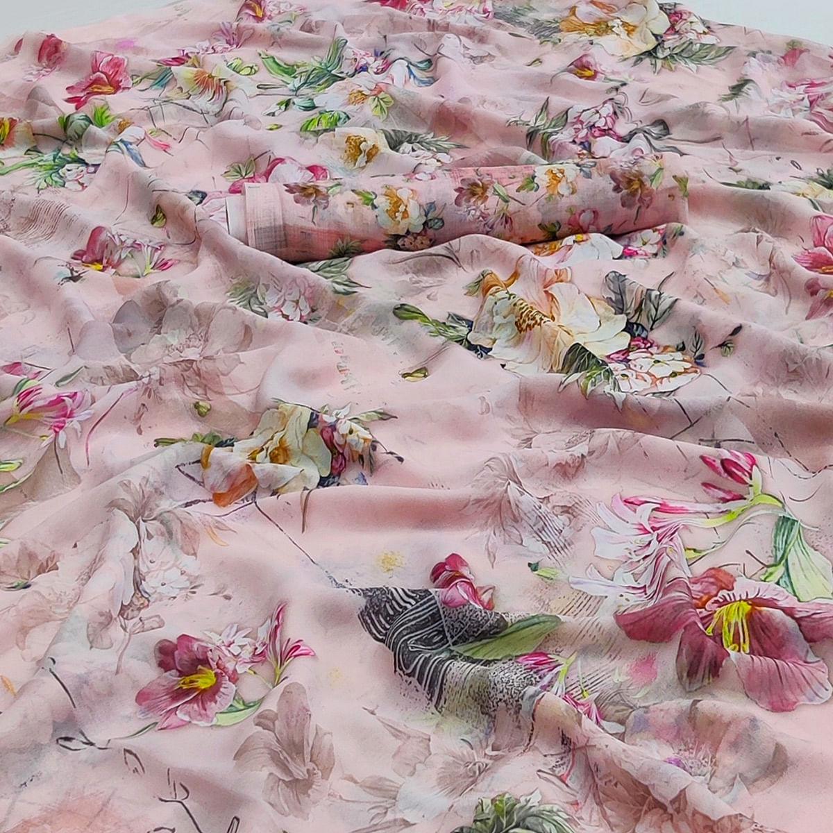 Light Pink Floral Printed Georgette Saree - Peachmode
