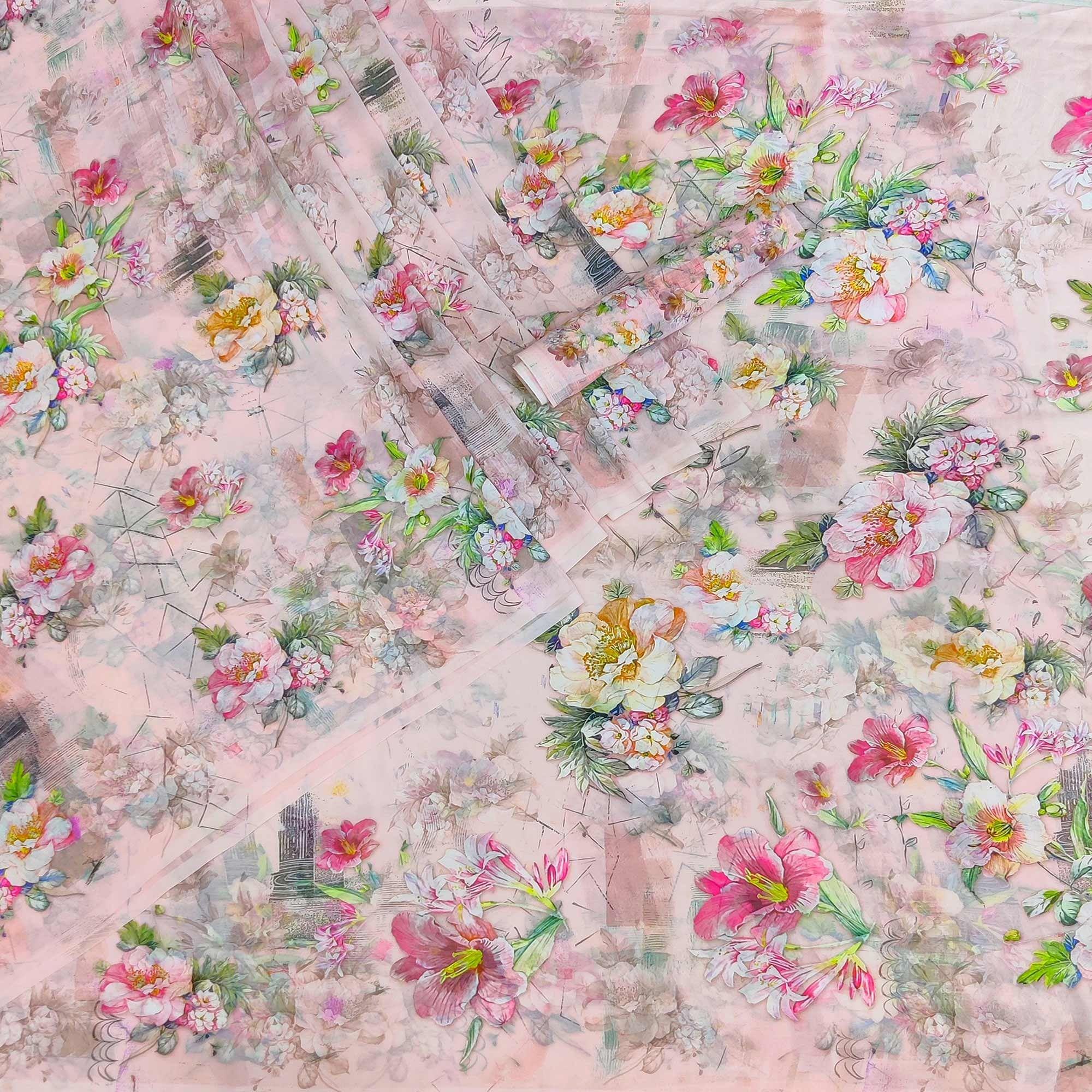 Light Pink Floral Printed Georgette Saree - Peachmode