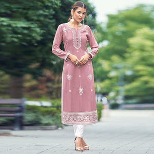 Light Pink Lakhnawi Work Rayon Kurti - Peachmode