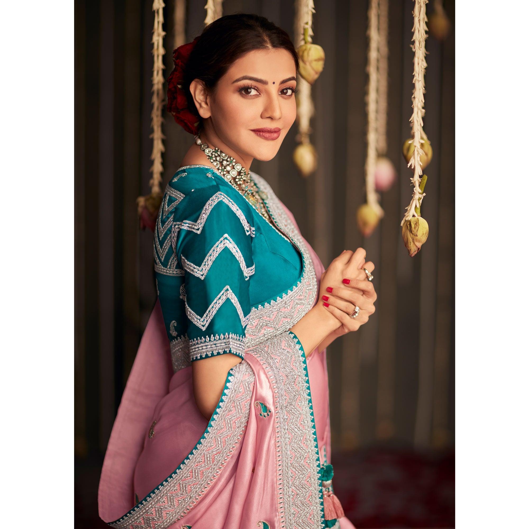 Light Pink Paisley Embroidered Art Silk Saree With Tassels - Peachmode