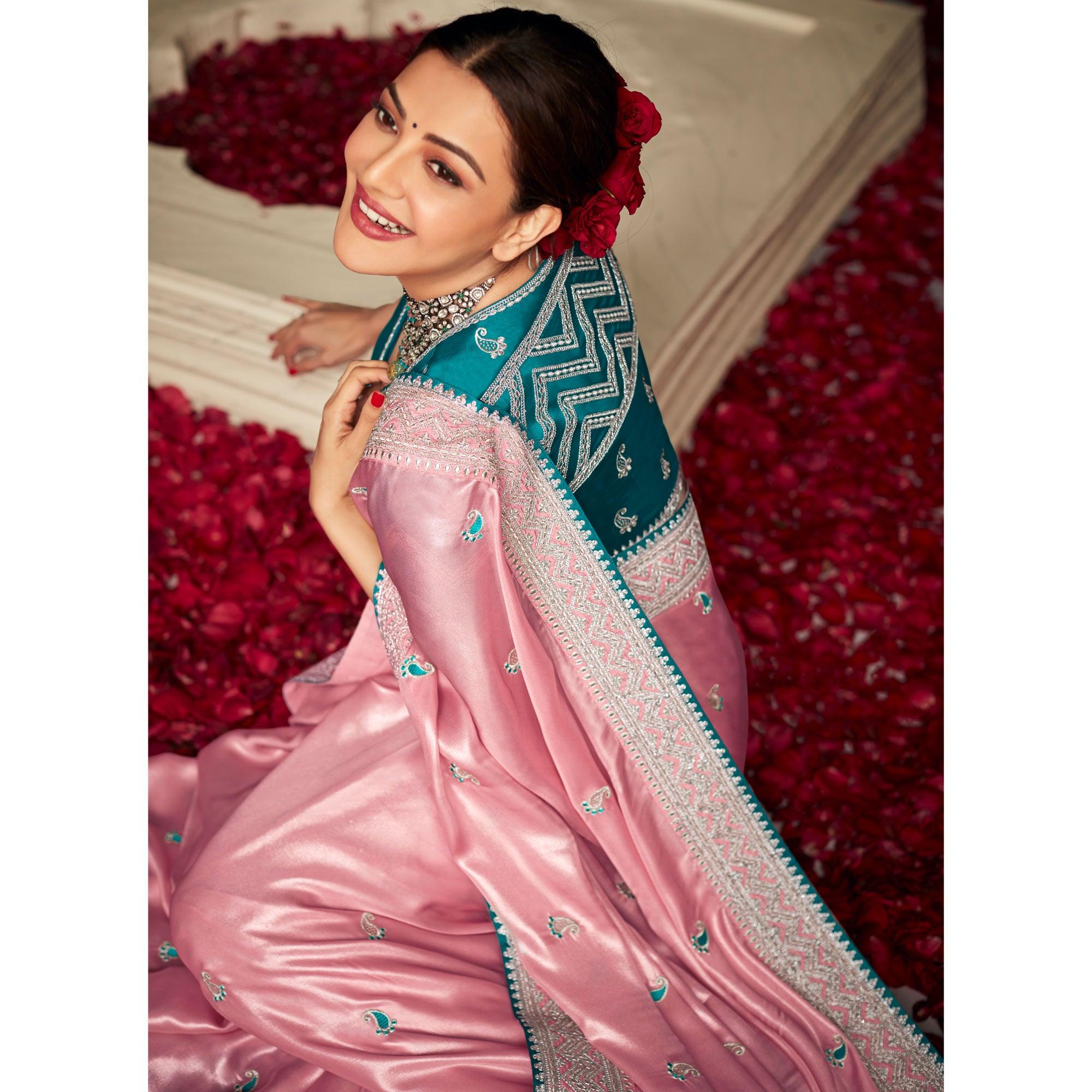 Light Pink Paisley Embroidered Art Silk Saree With Tassels - Peachmode