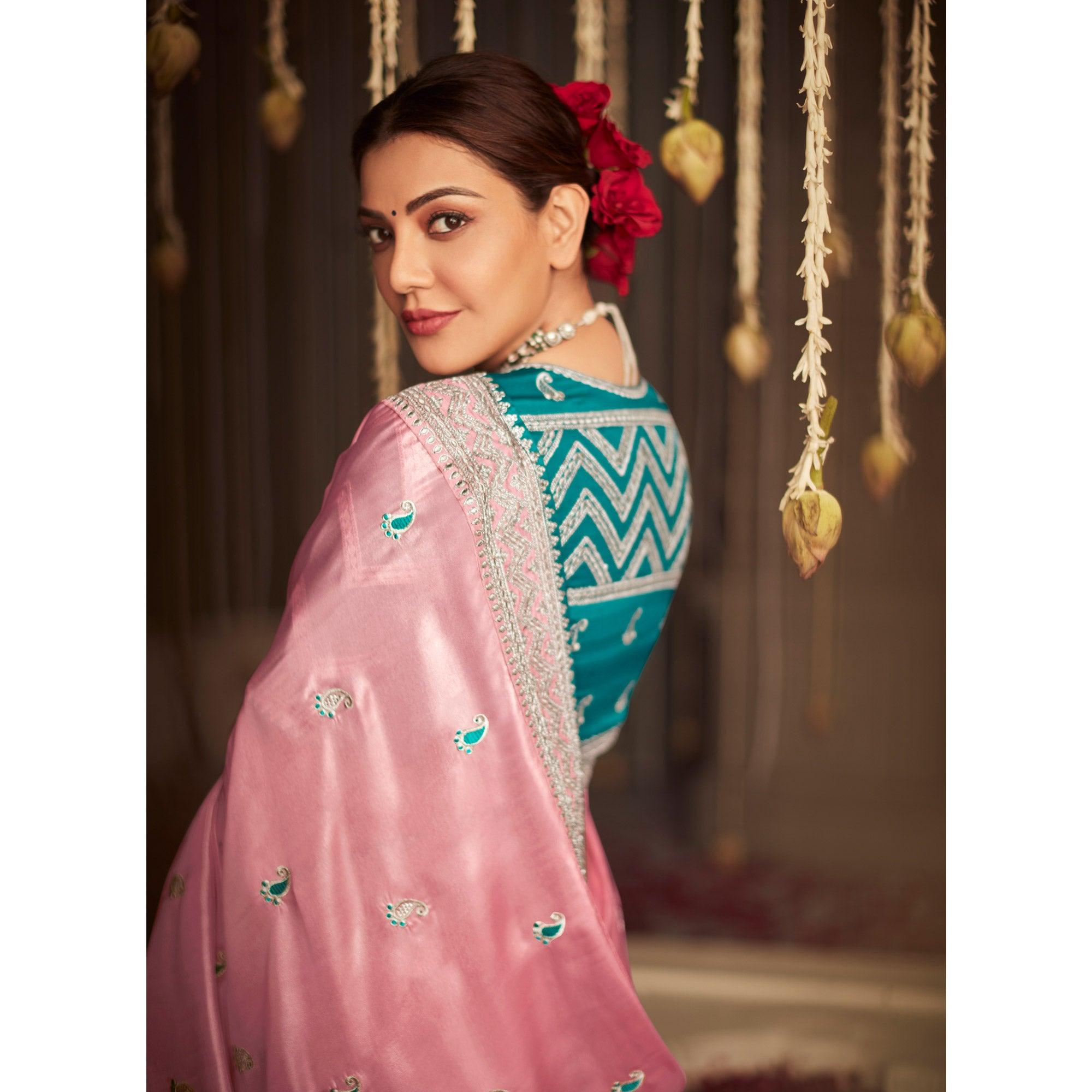 Light Pink Paisley Embroidered Art Silk Saree With Tassels - Peachmode