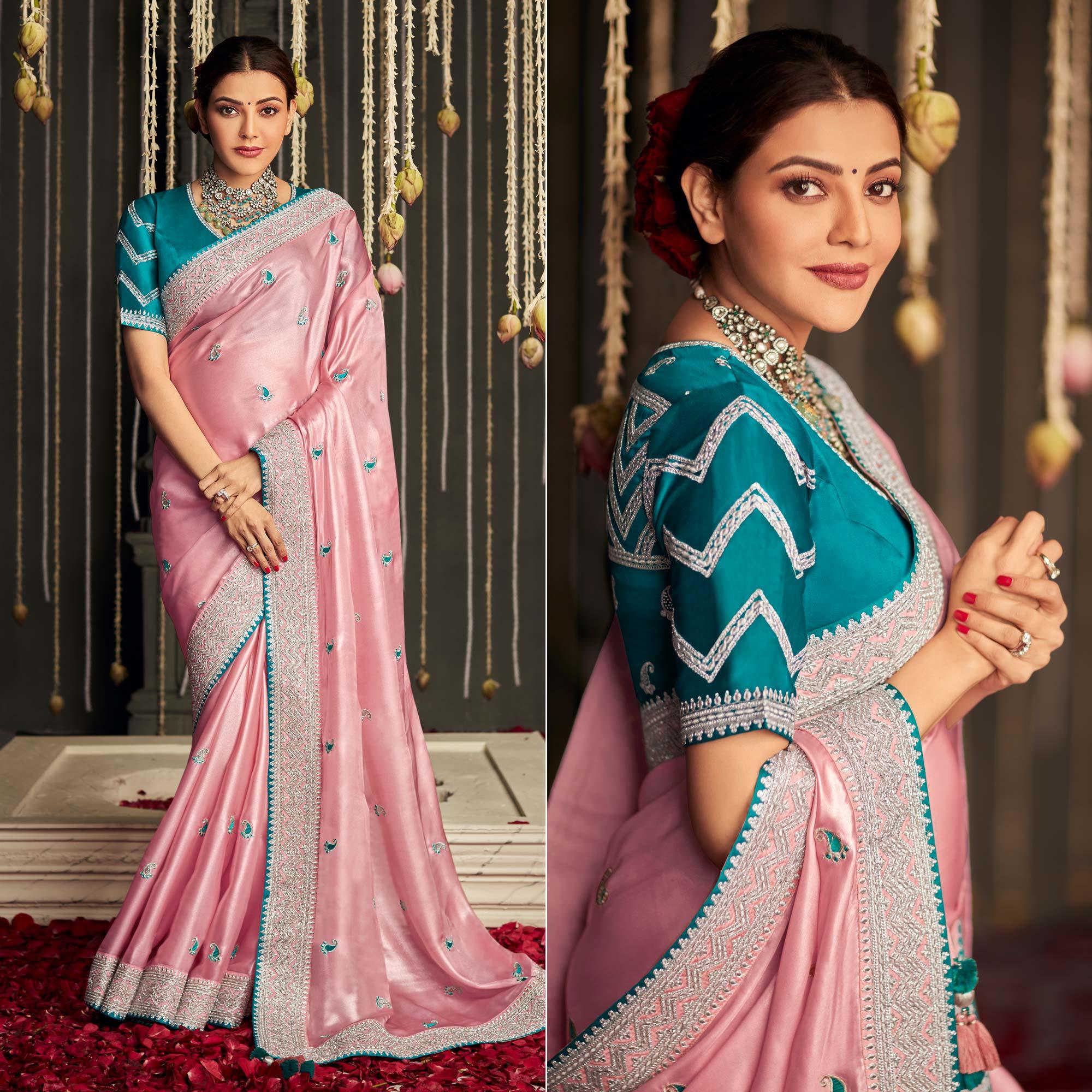 Light Pink Paisley Embroidered Art Silk Saree With Tassels - Peachmode