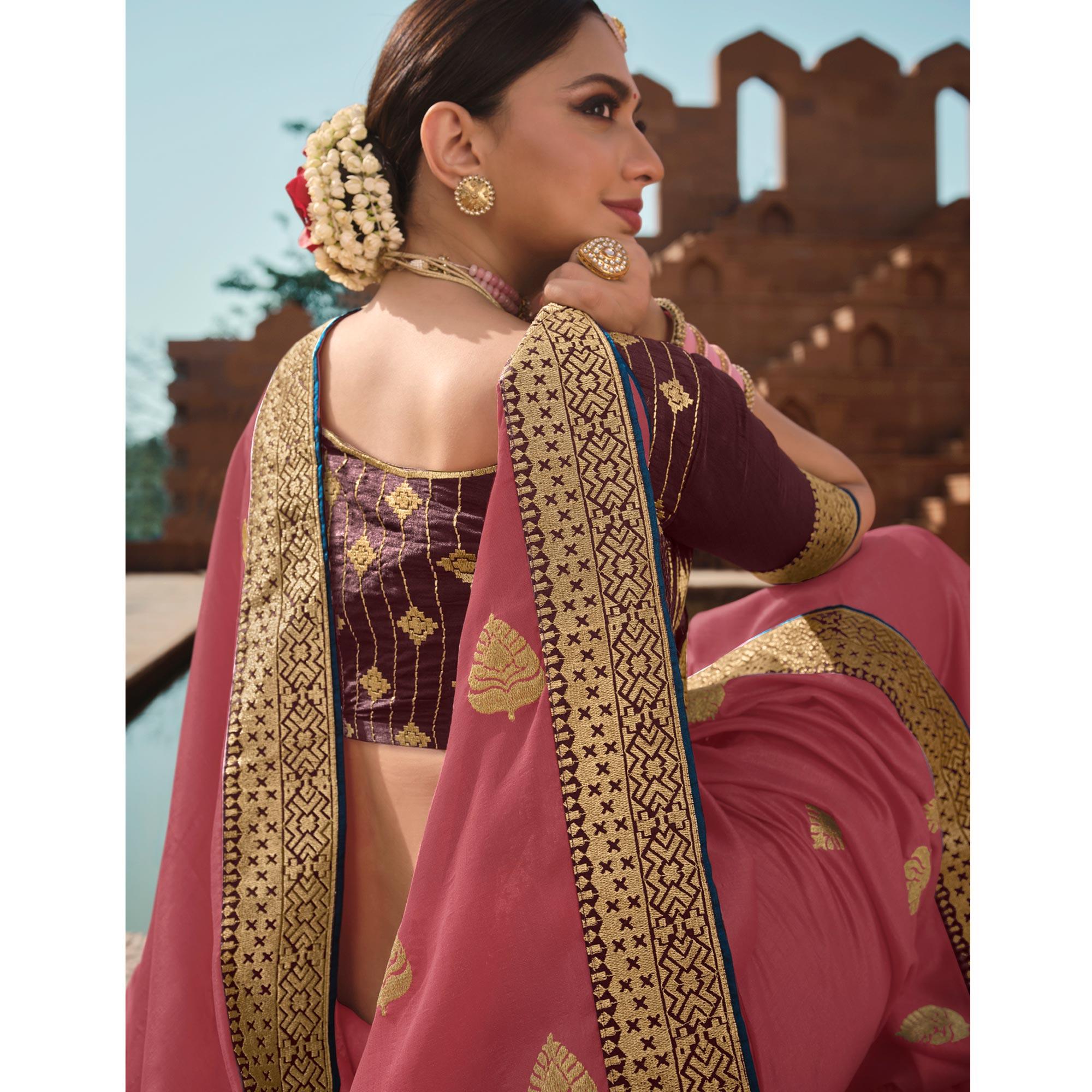 Light pink Party Wear Embroidered Art Silk Saree - Peachmode