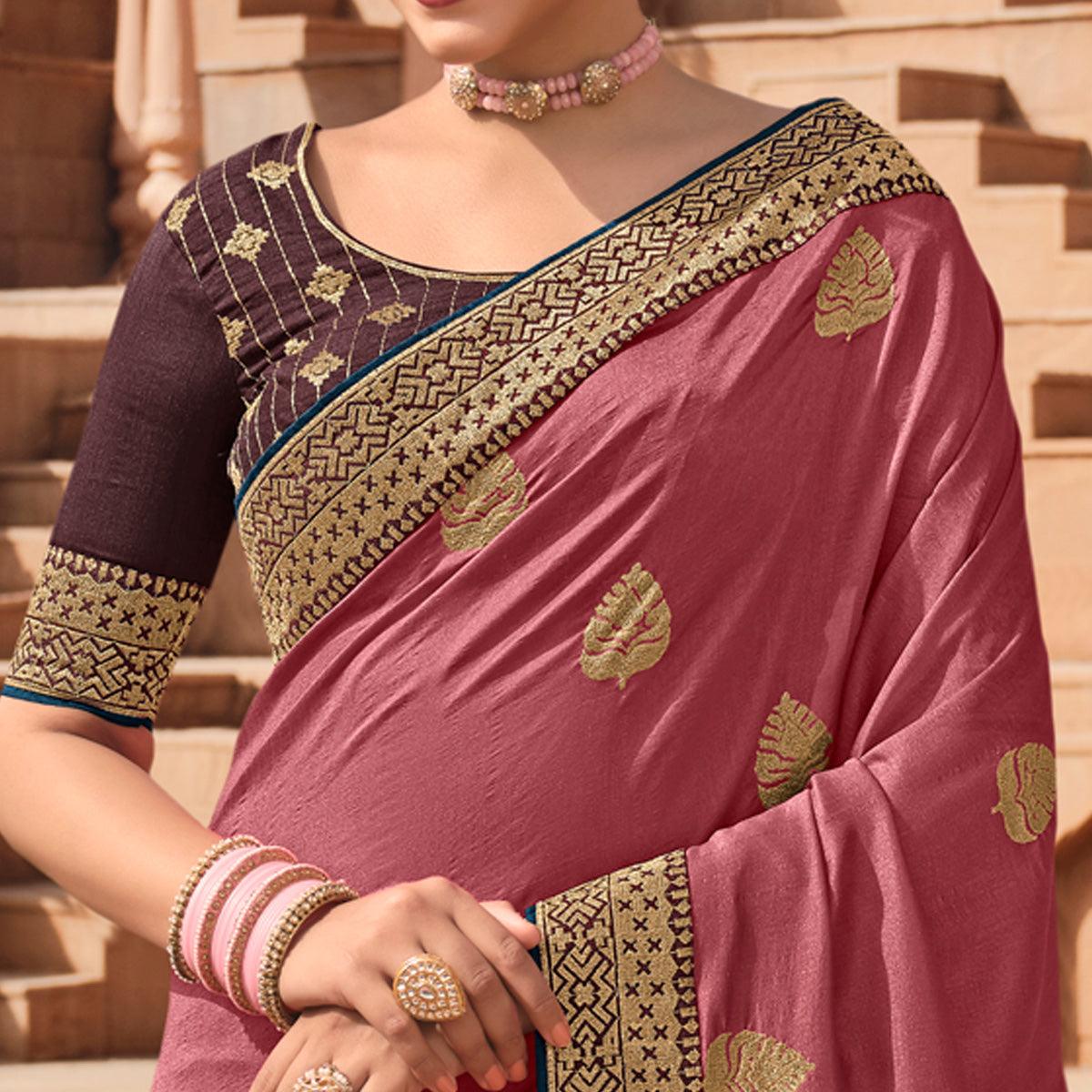 Light pink Party Wear Embroidered Art Silk Saree - Peachmode