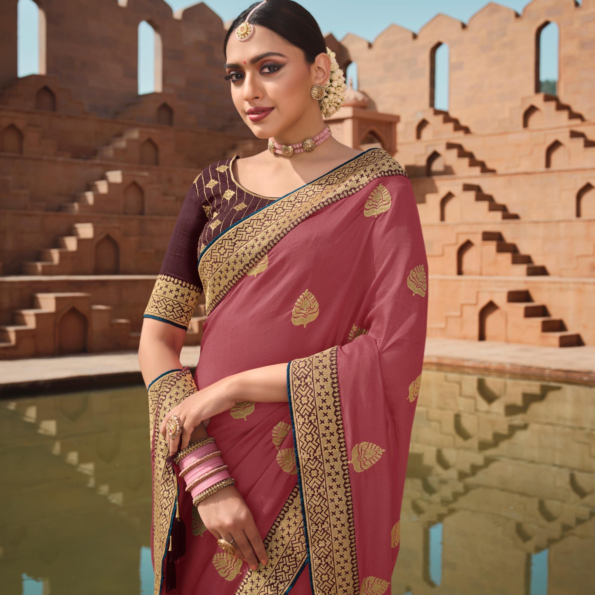 Light pink Party Wear Embroidered Art Silk Saree - Peachmode