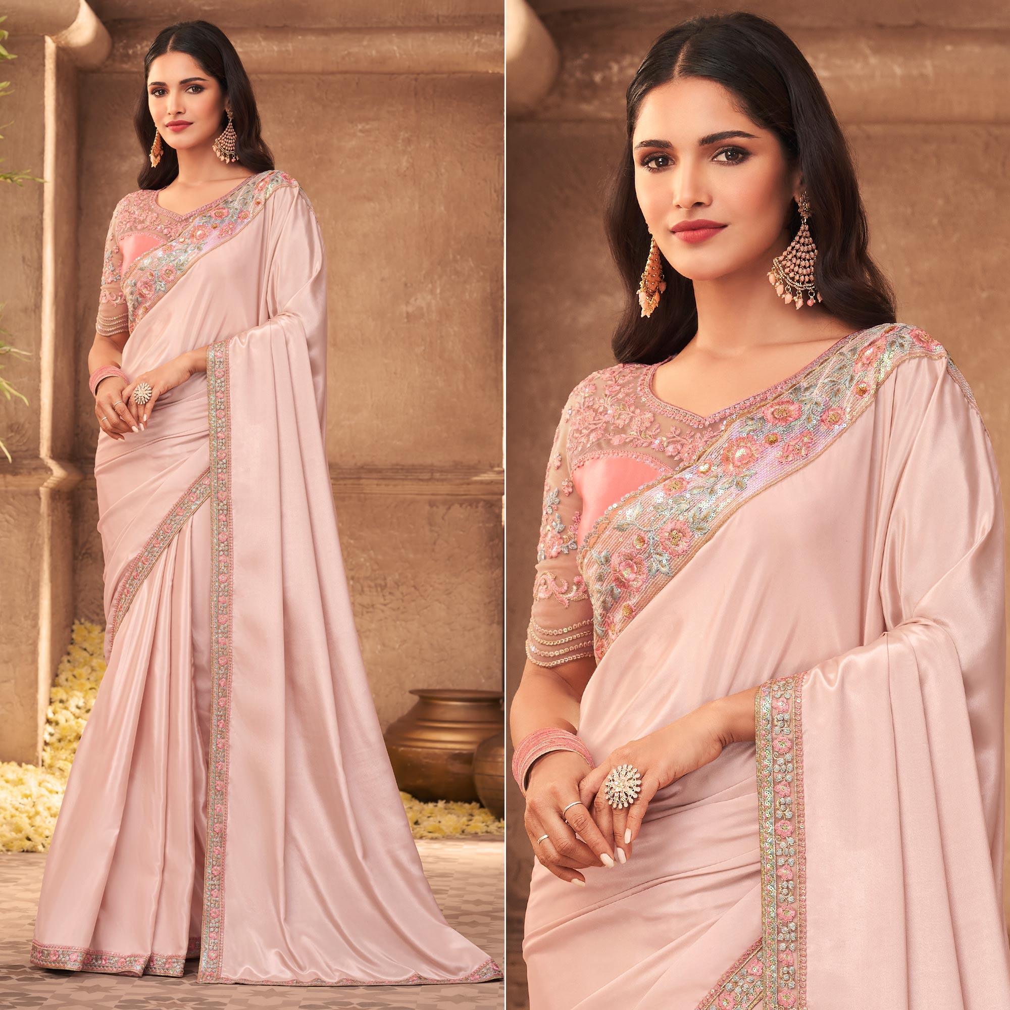 Light Pink Partywear Embroidered Silk Saree - Peachmode