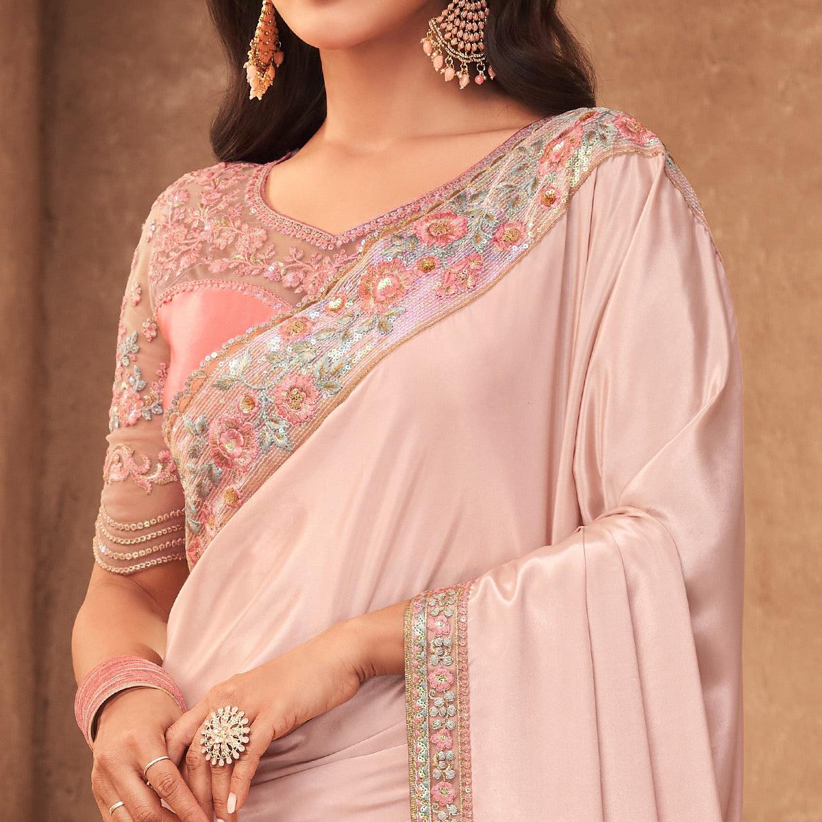 Light Pink Partywear Embroidered Silk Saree - Peachmode