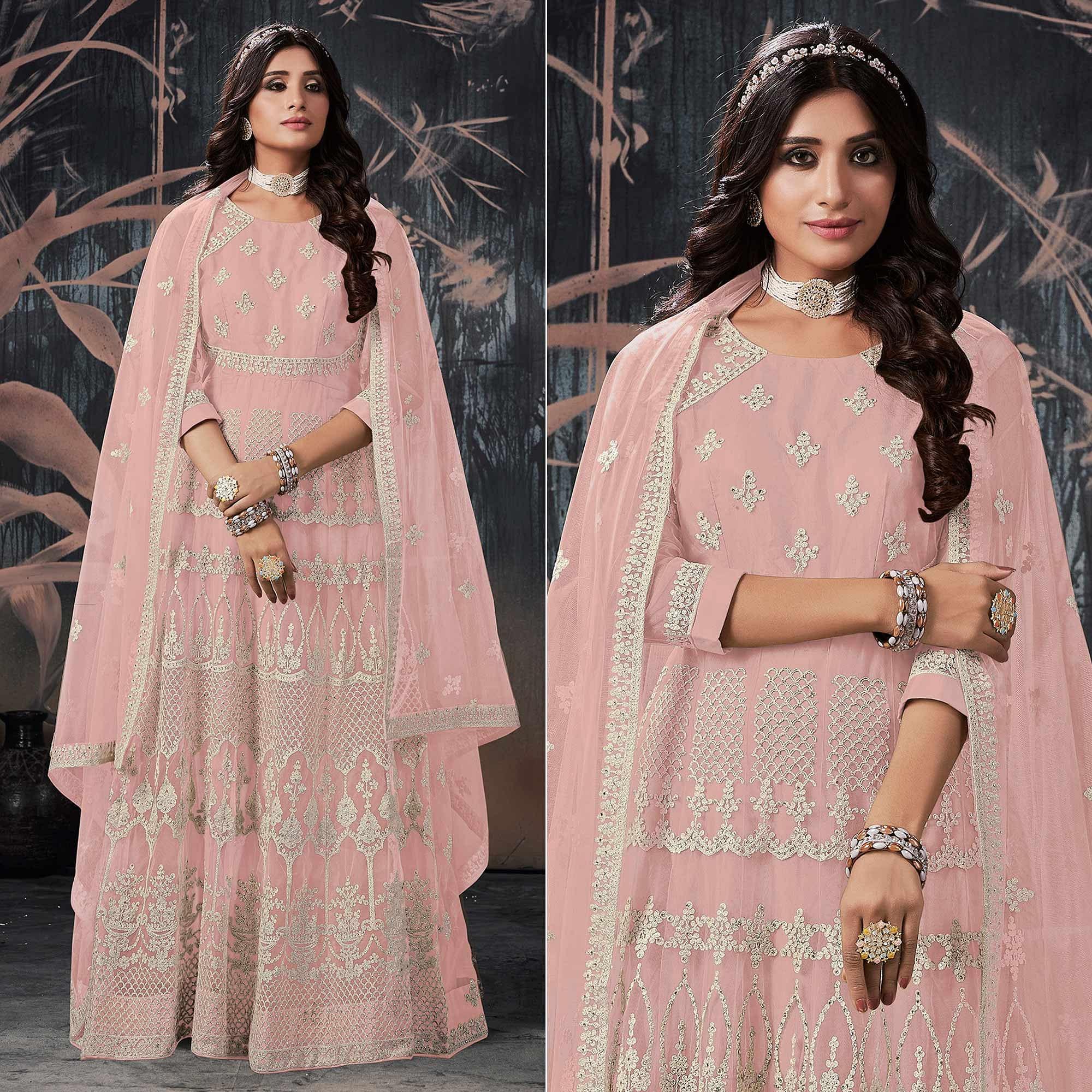 Light Pink Partywear Embroidery With Embellished Net Gown - Peachmode