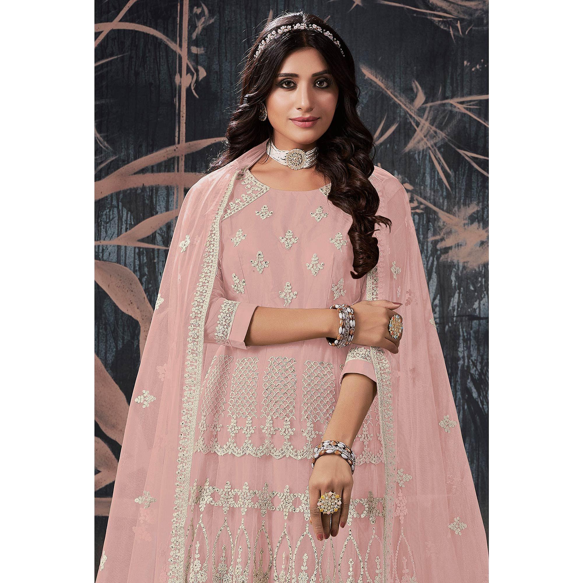 Light Pink Partywear Embroidery With Embellished Net Gown - Peachmode