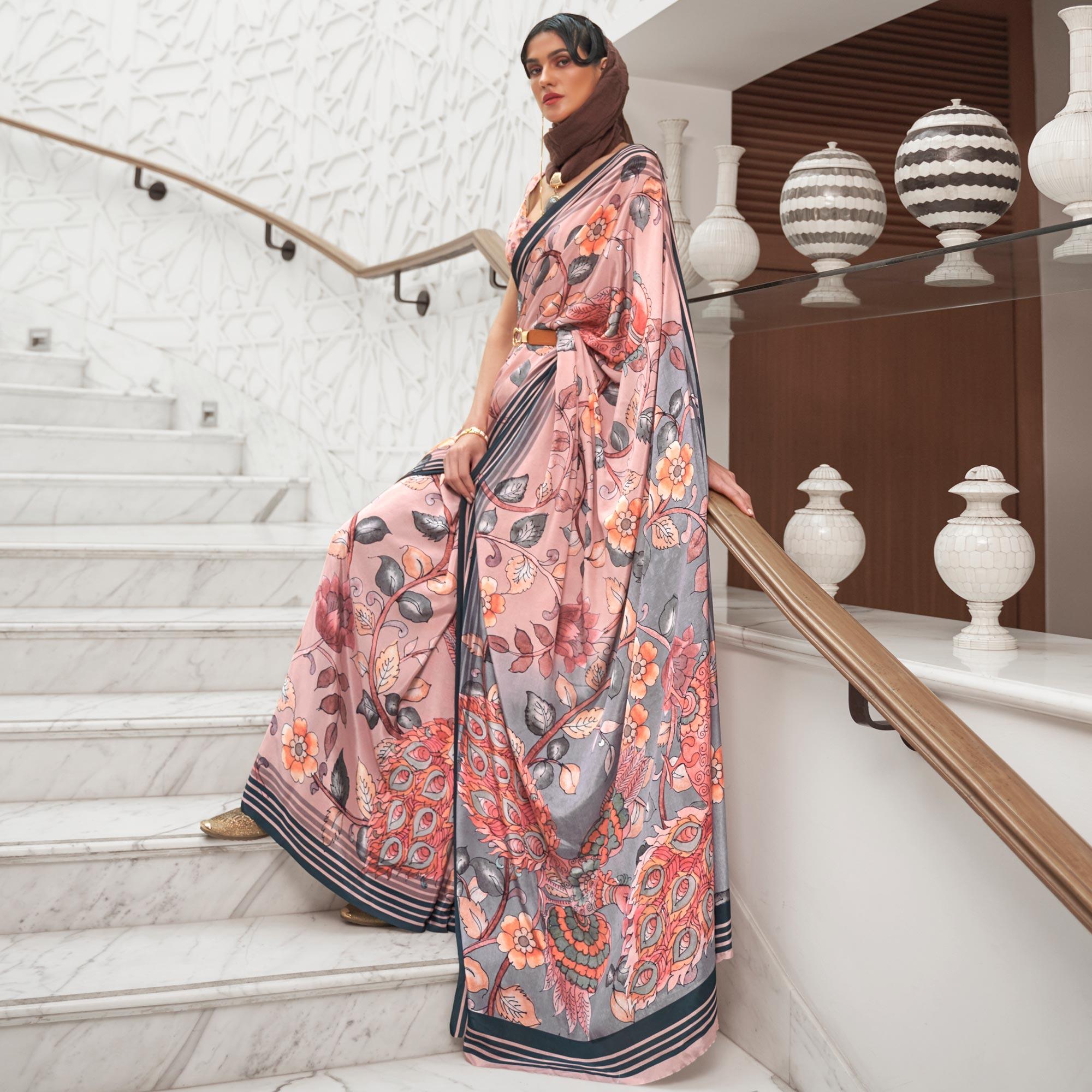 Light Pink Partywear Floral Digital Printed Silk Saree - Peachmode