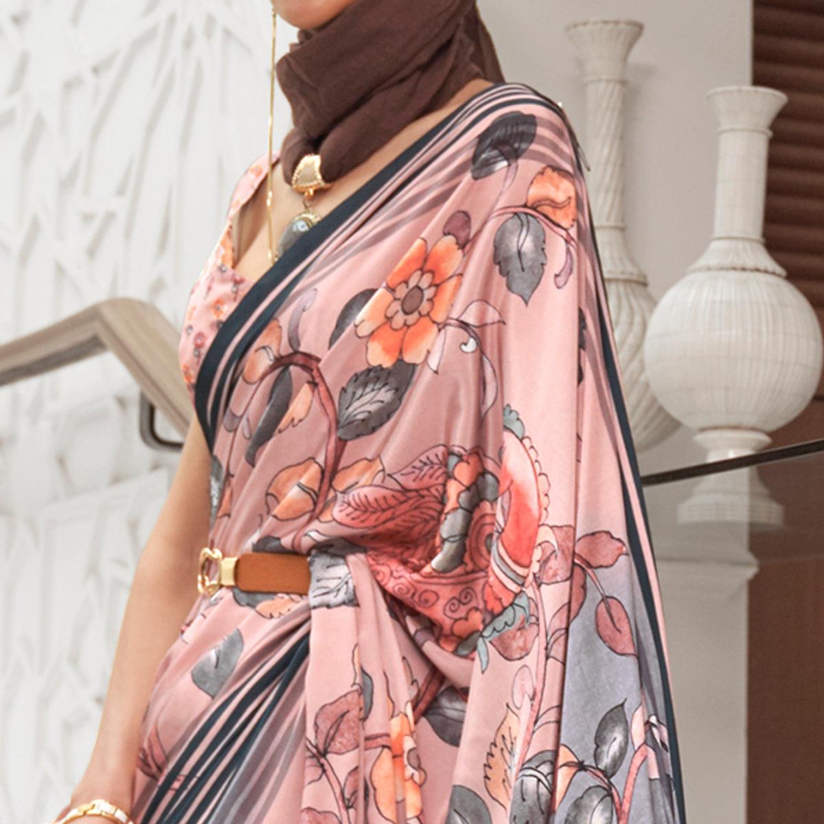 Light Pink Partywear Floral Digital Printed Silk Saree - Peachmode
