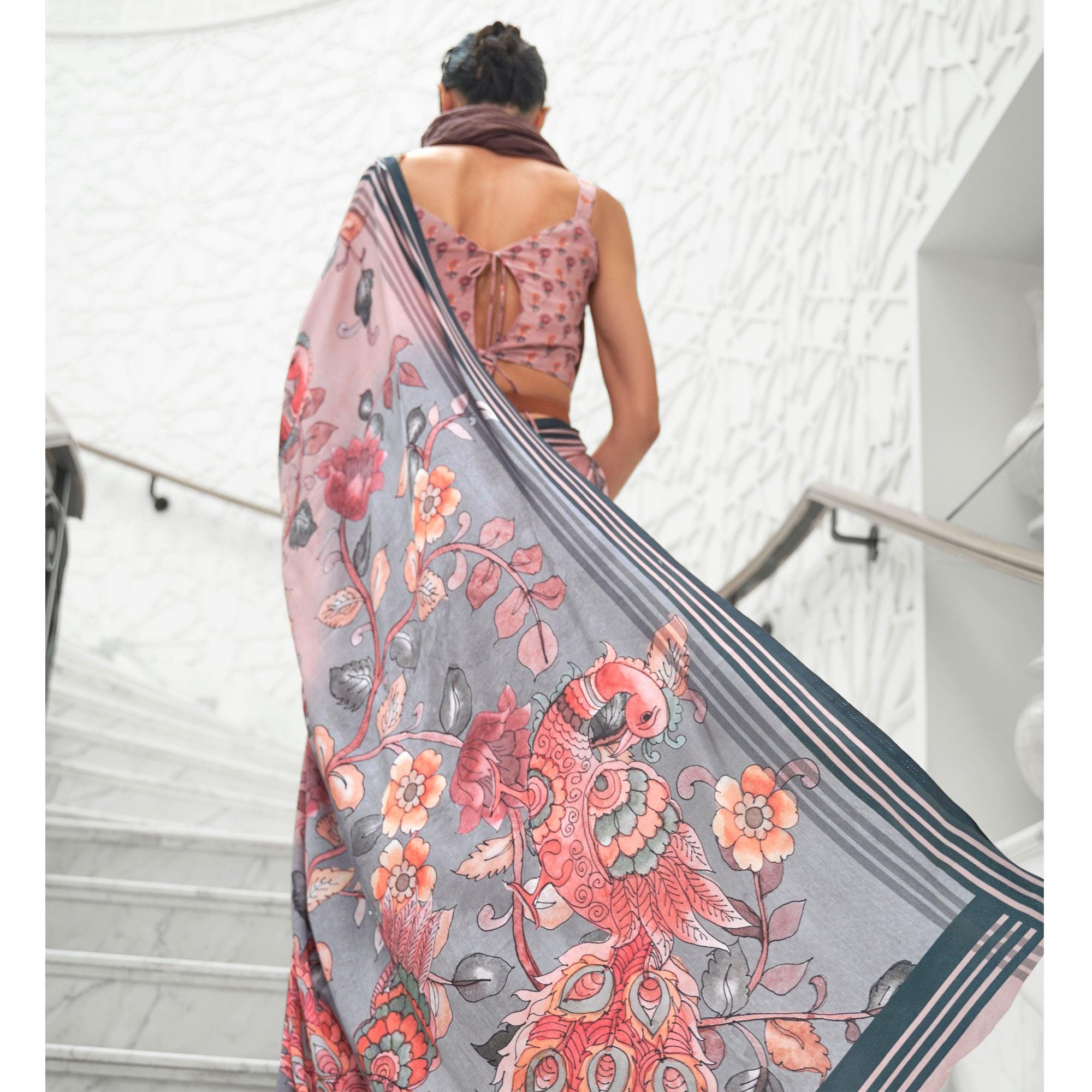 Light Pink Partywear Floral Digital Printed Silk Saree - Peachmode