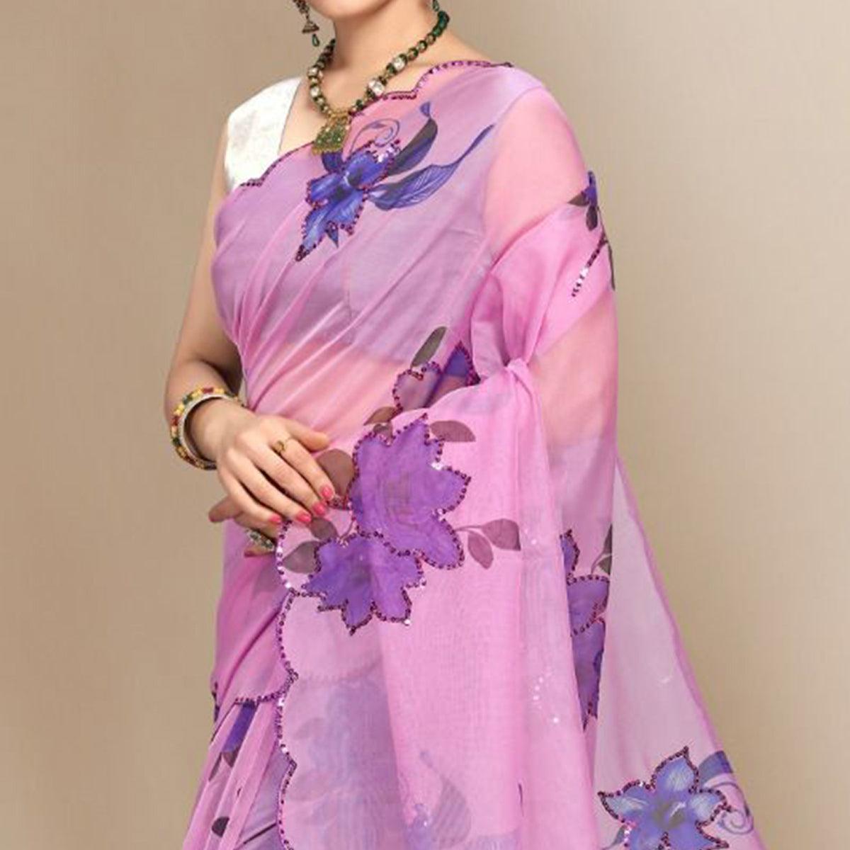 Light Pink Partywear Sequence & Printed Organza Saree - Peachmode