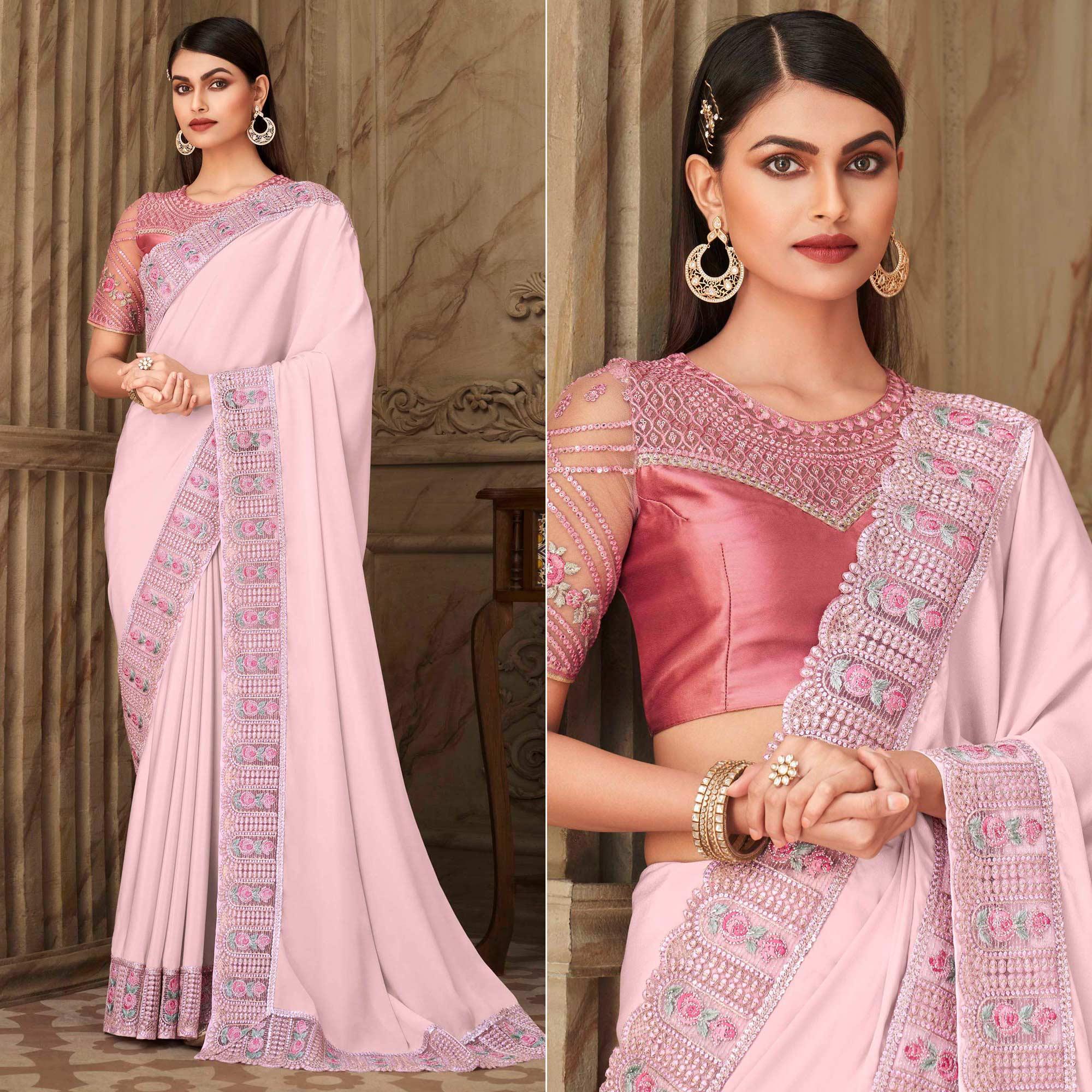 Light Pink Partywear Sequence Embroidered Silk Saree - Peachmode