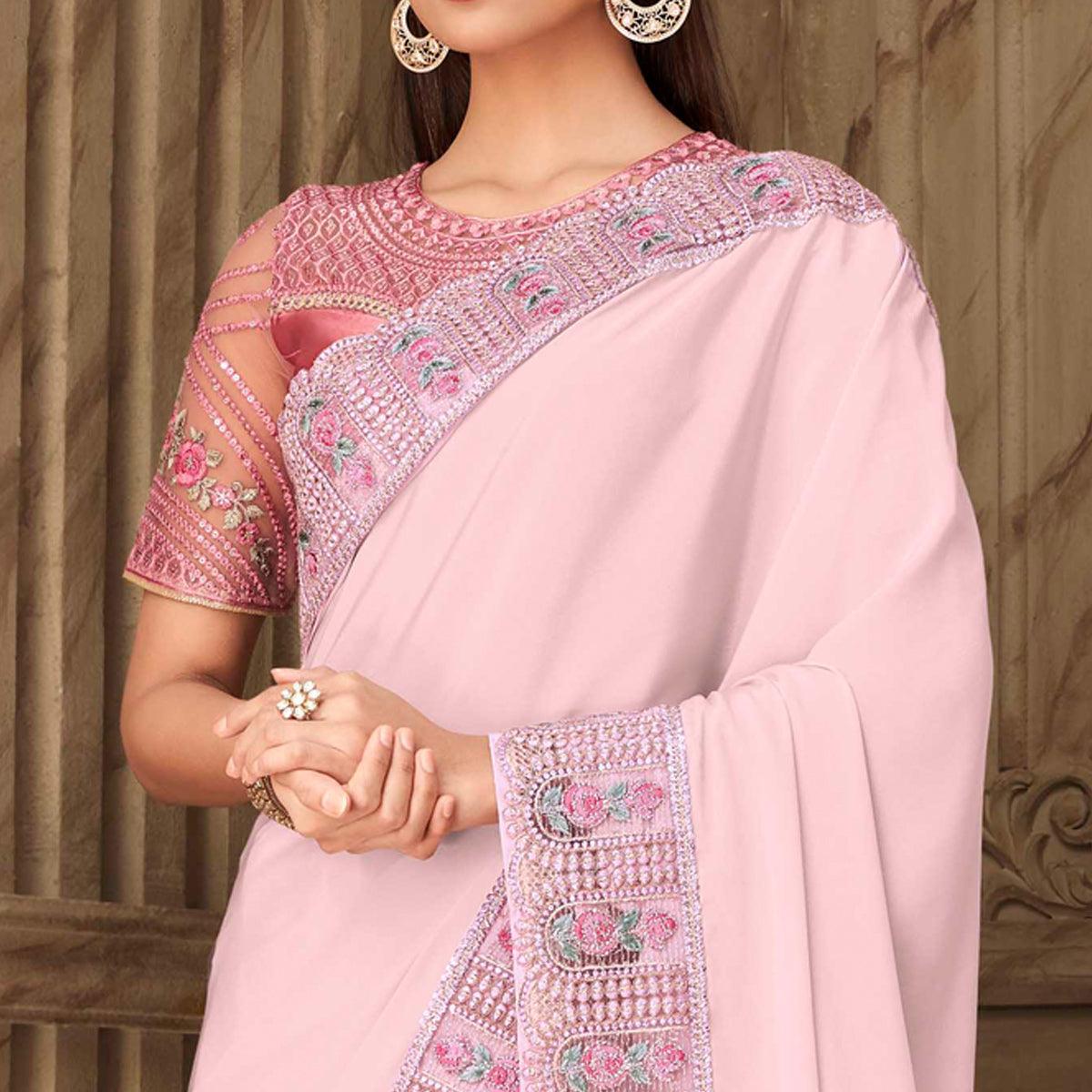 Light Pink Partywear Sequence Embroidered Silk Saree - Peachmode