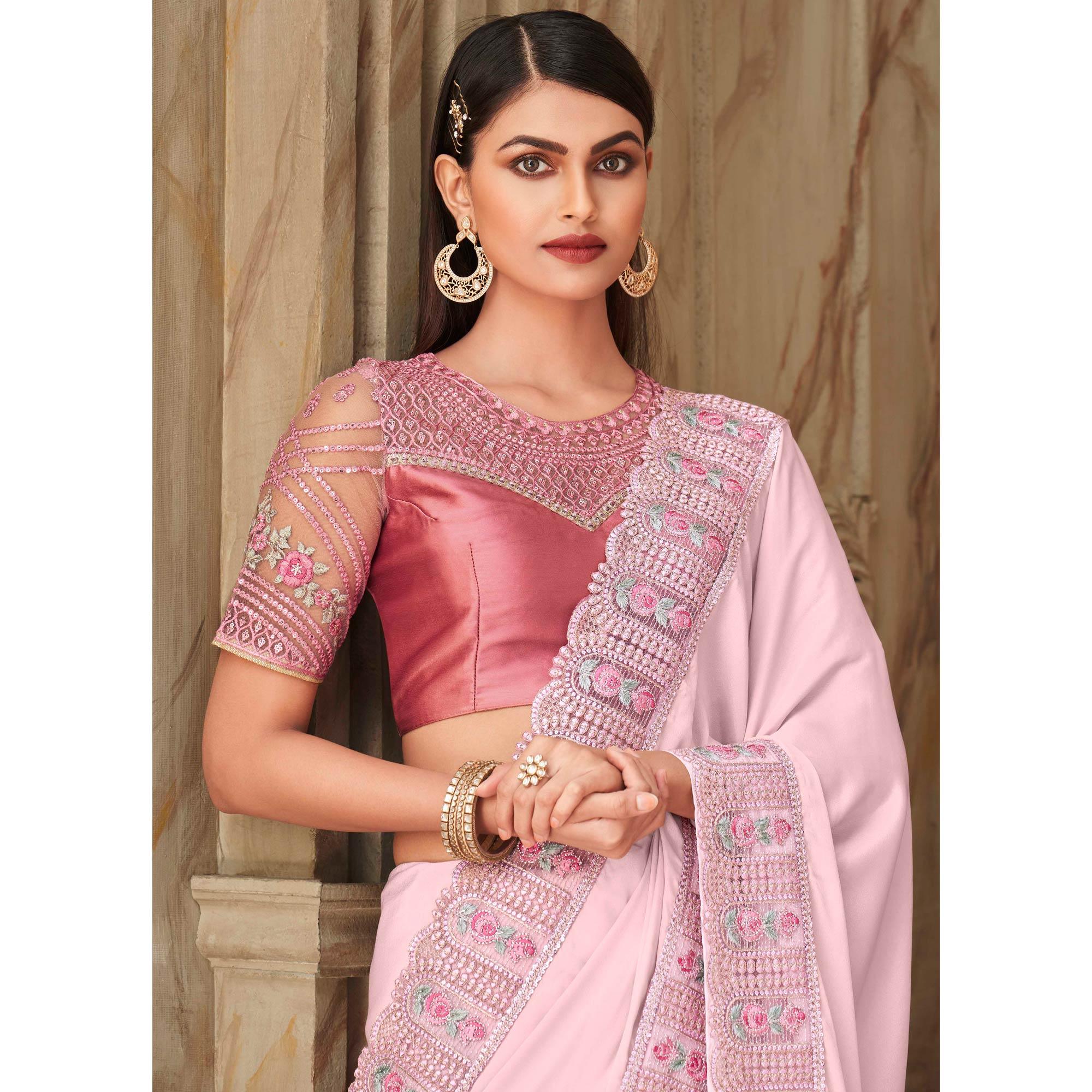Light Pink Partywear Sequence Embroidered Silk Saree - Peachmode