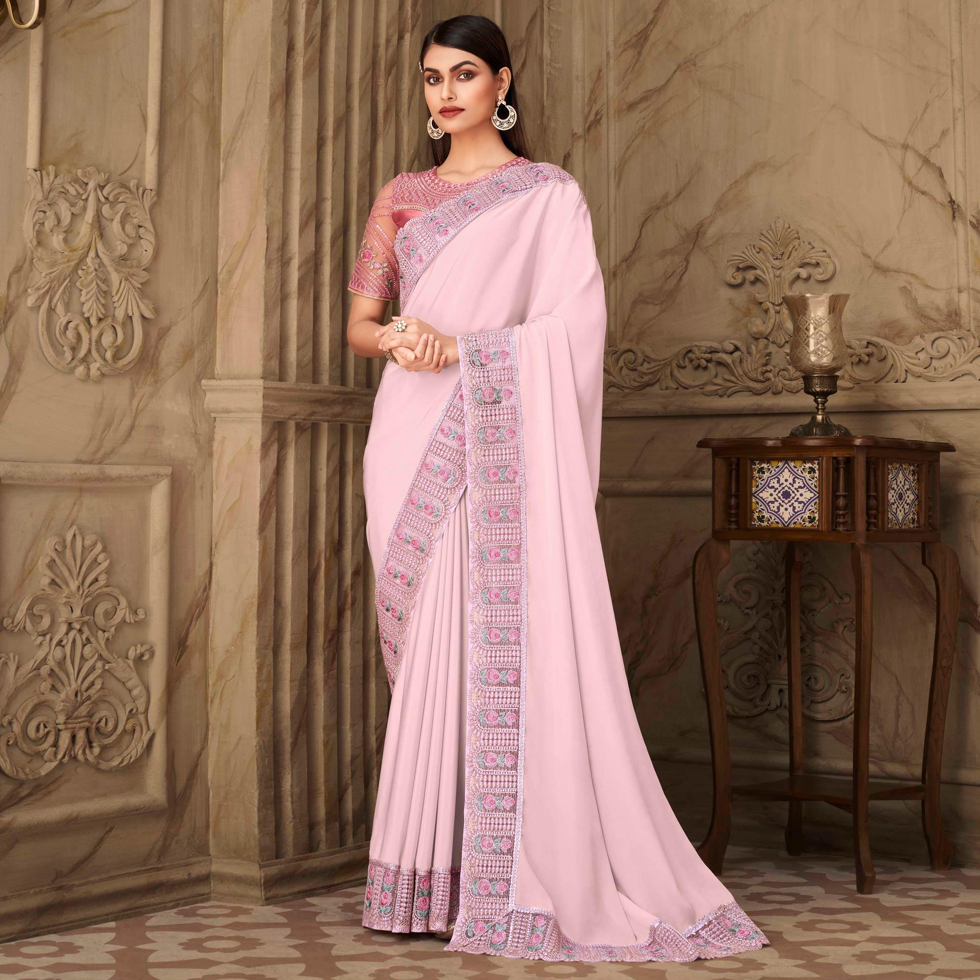 Light Pink Partywear Sequence Embroidered Silk Saree - Peachmode