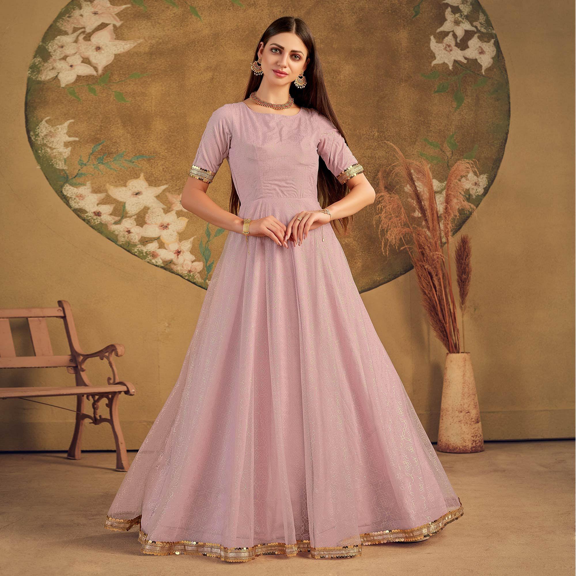 Light Pink Partywear Wear Foil Work Net Gown - Peachmode
