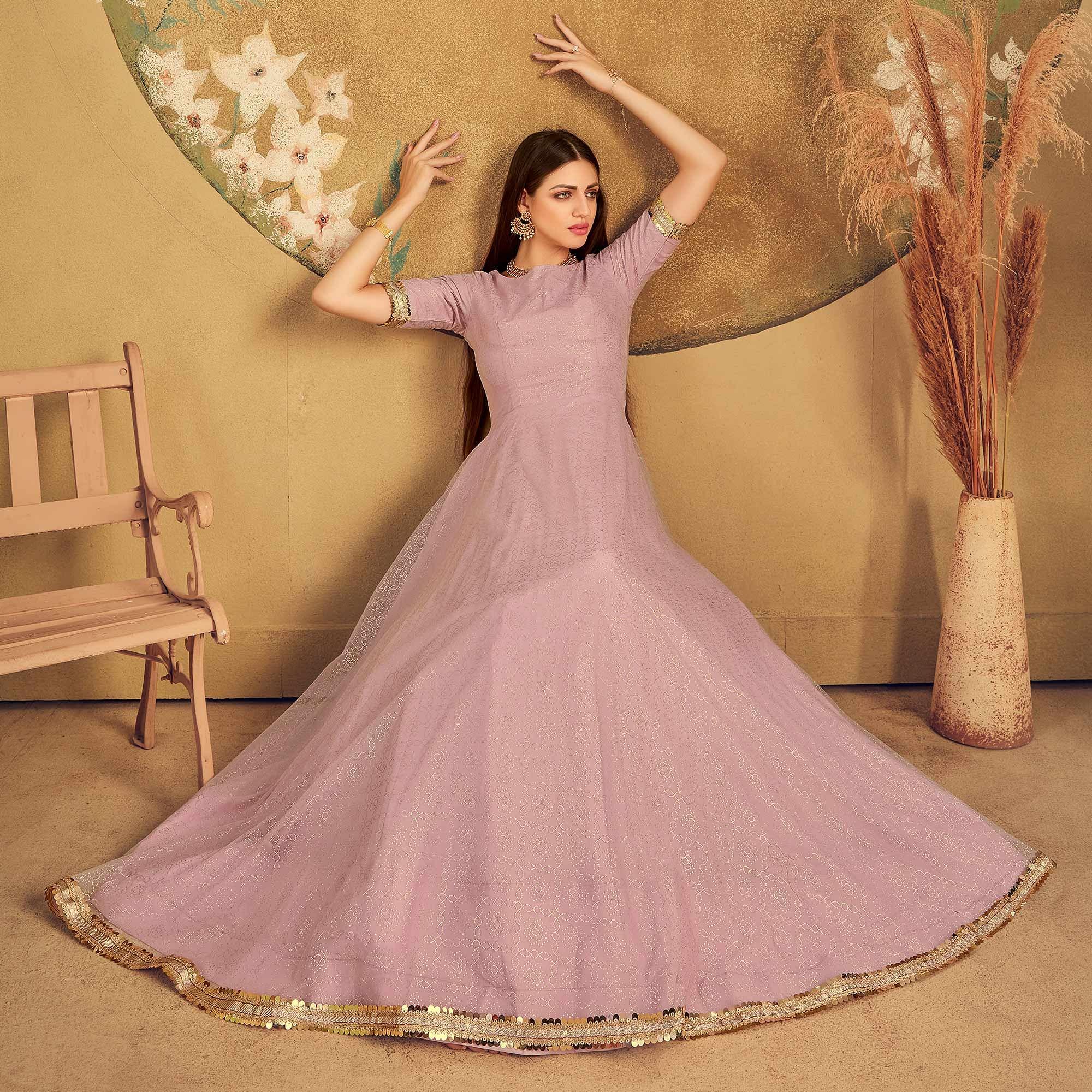 Light Pink Partywear Wear Foil Work Net Gown - Peachmode