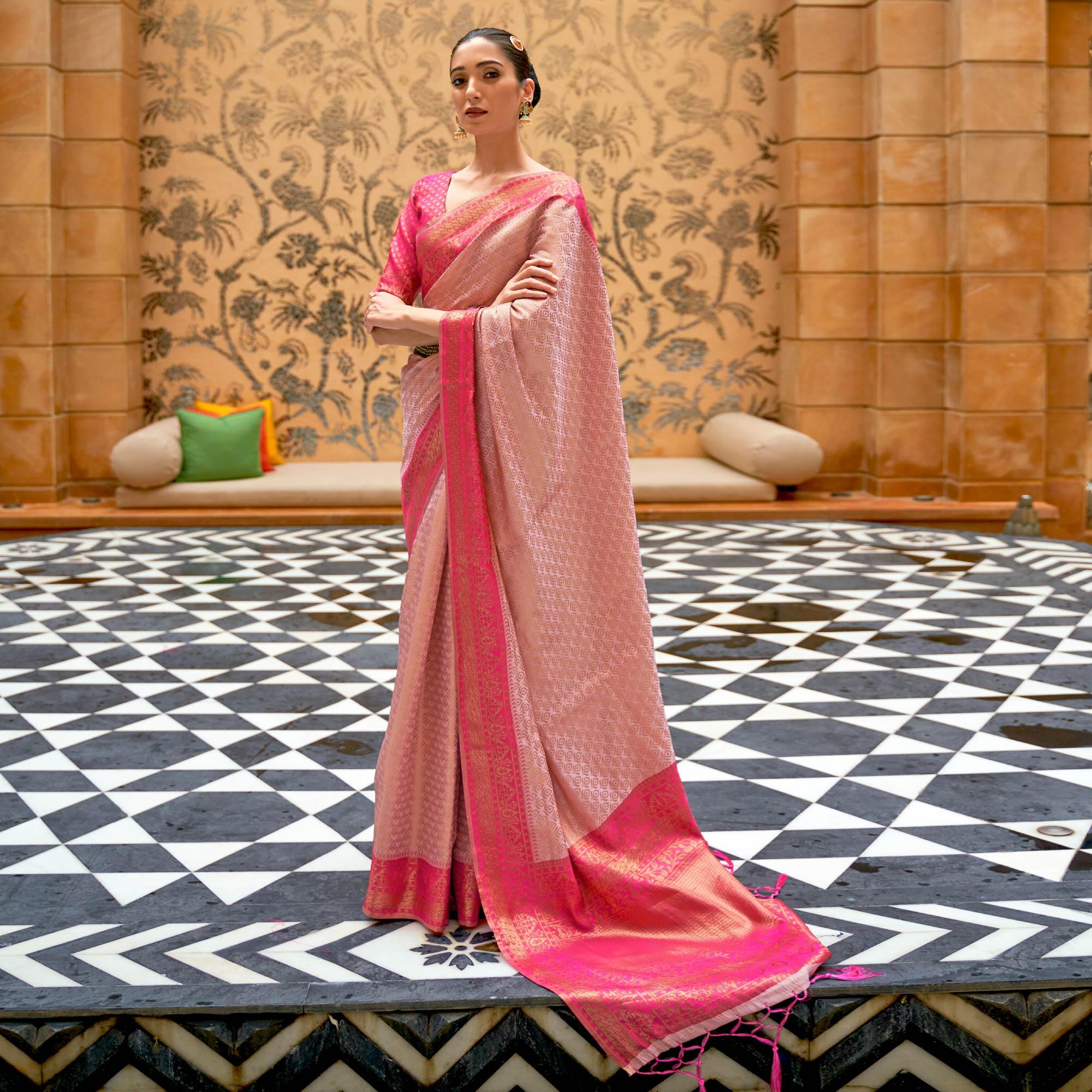Light Pink Partywear Zari Woven Pure Silk Saree - Peachmode