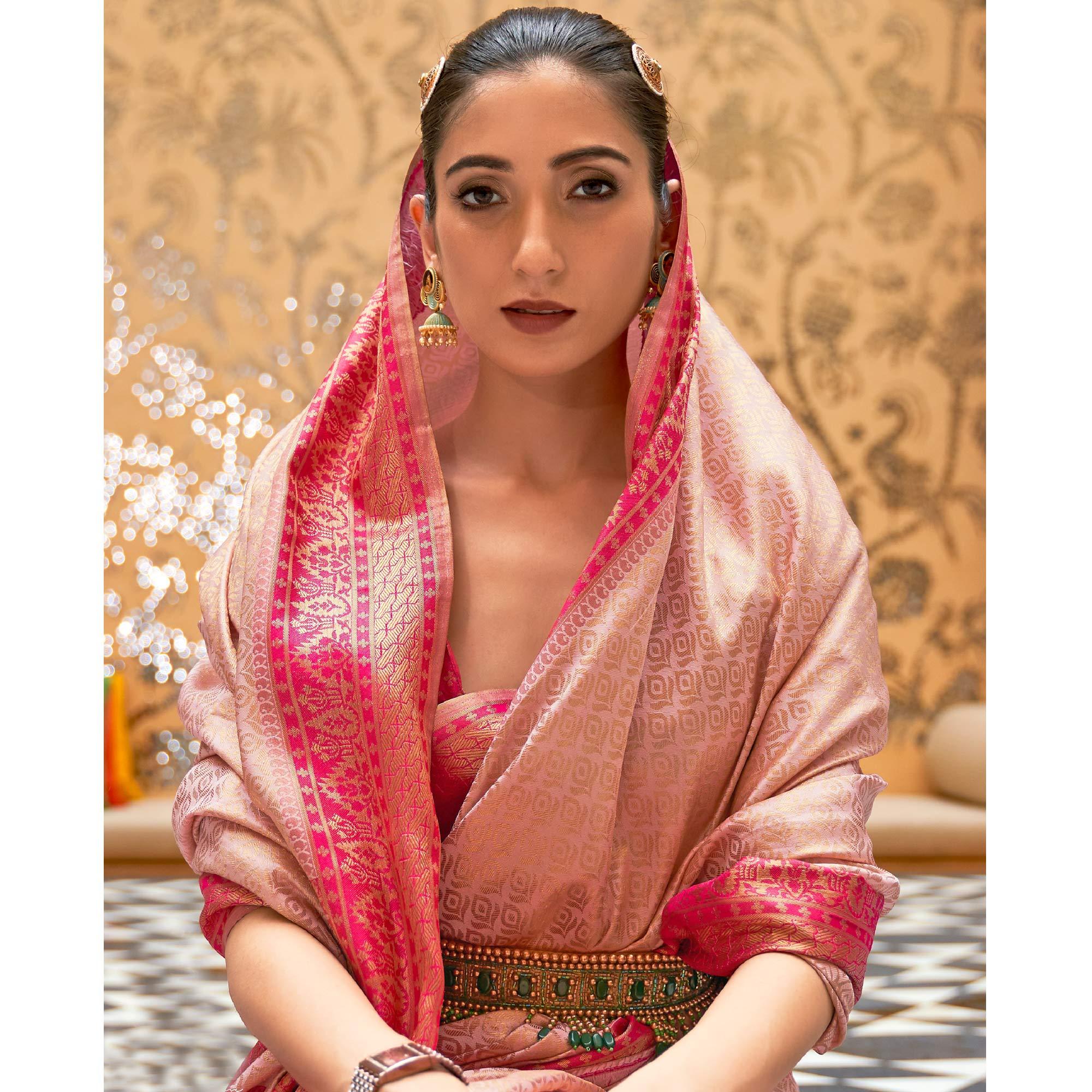 Light Pink Partywear Zari Woven Pure Silk Saree - Peachmode