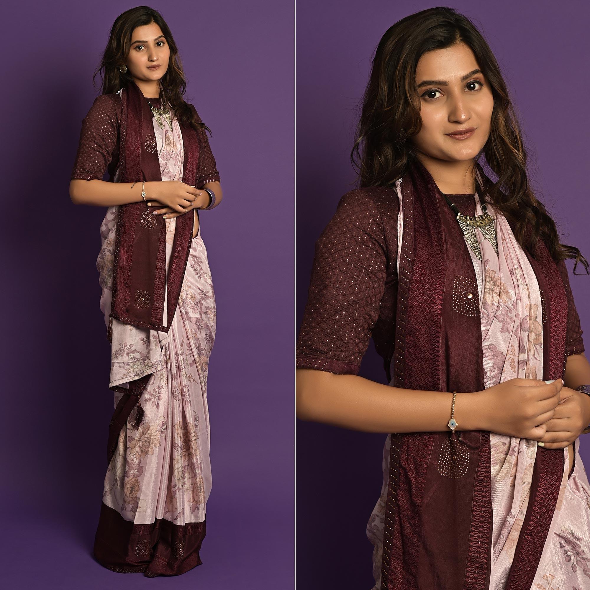 Light Pink Printed-Embellished Chiffon Saree - Peachmode