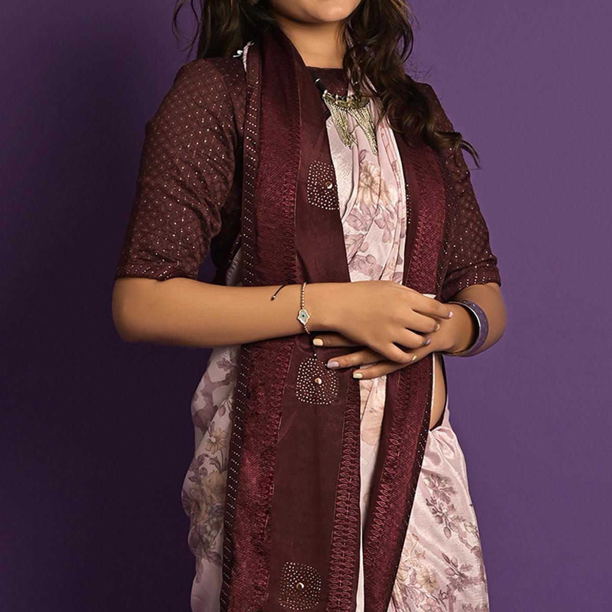 Light Pink Printed-Embellished Chiffon Saree - Peachmode