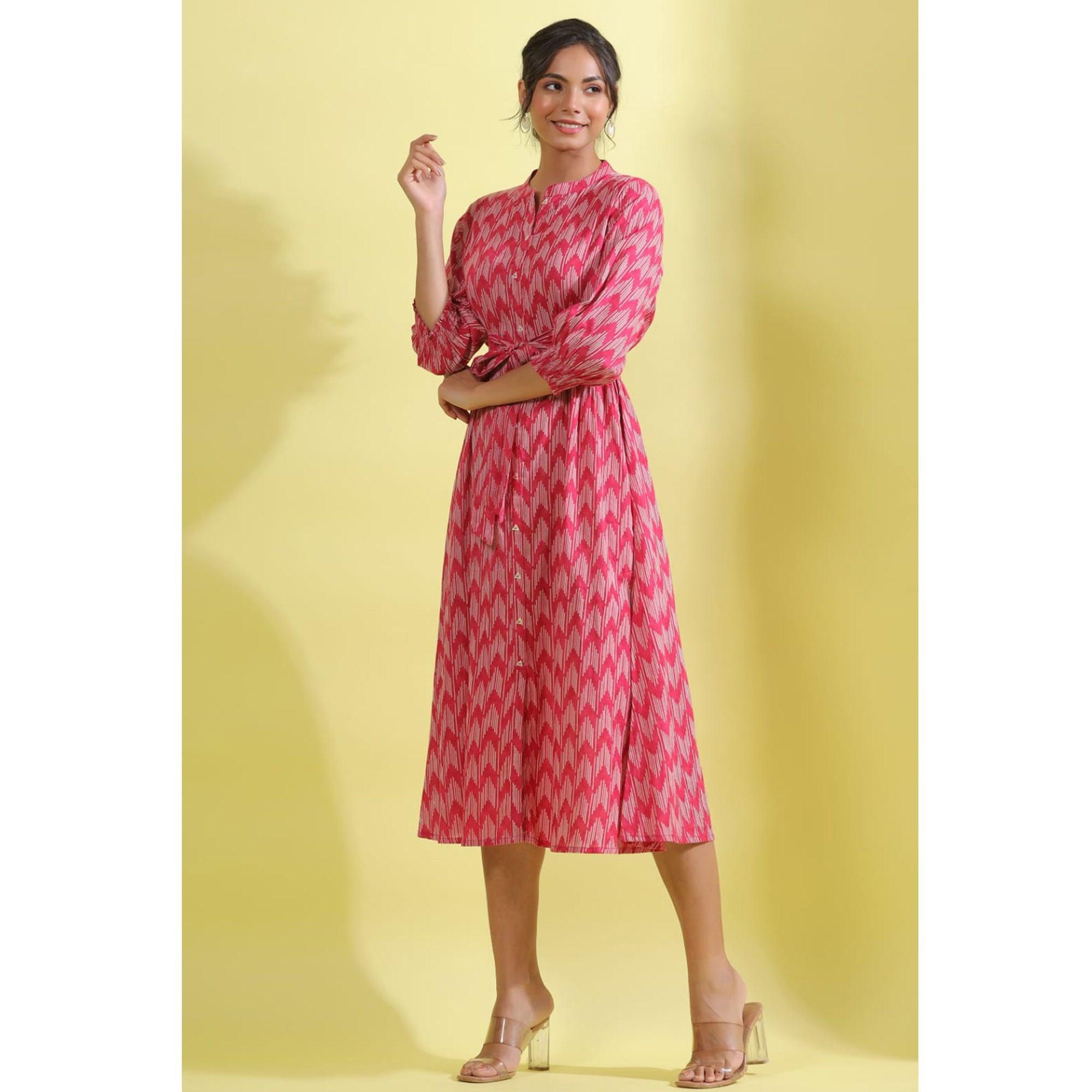 Light Pink Printed Pure Cotton Dress - Peachmode