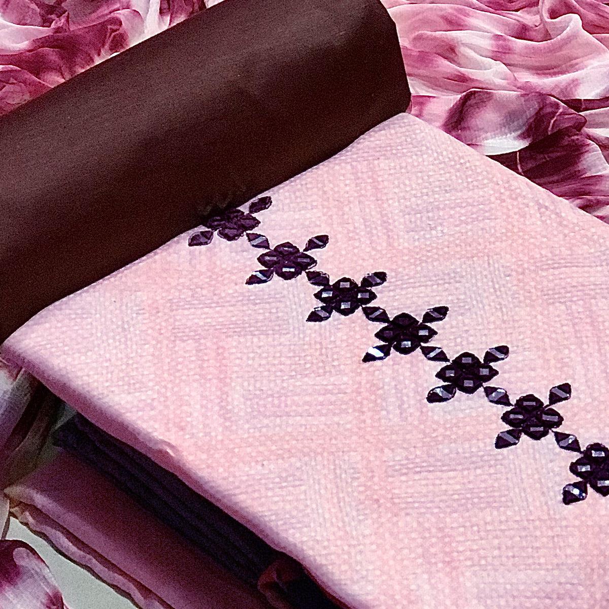 Light Pink Printed With Embroidered Cotton Blend Dress Material - Peachmode