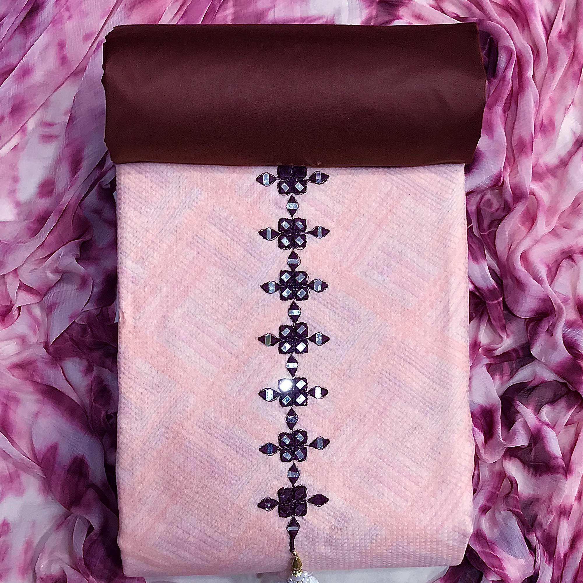 Light Pink Printed With Embroidered Cotton Blend Dress Material - Peachmode